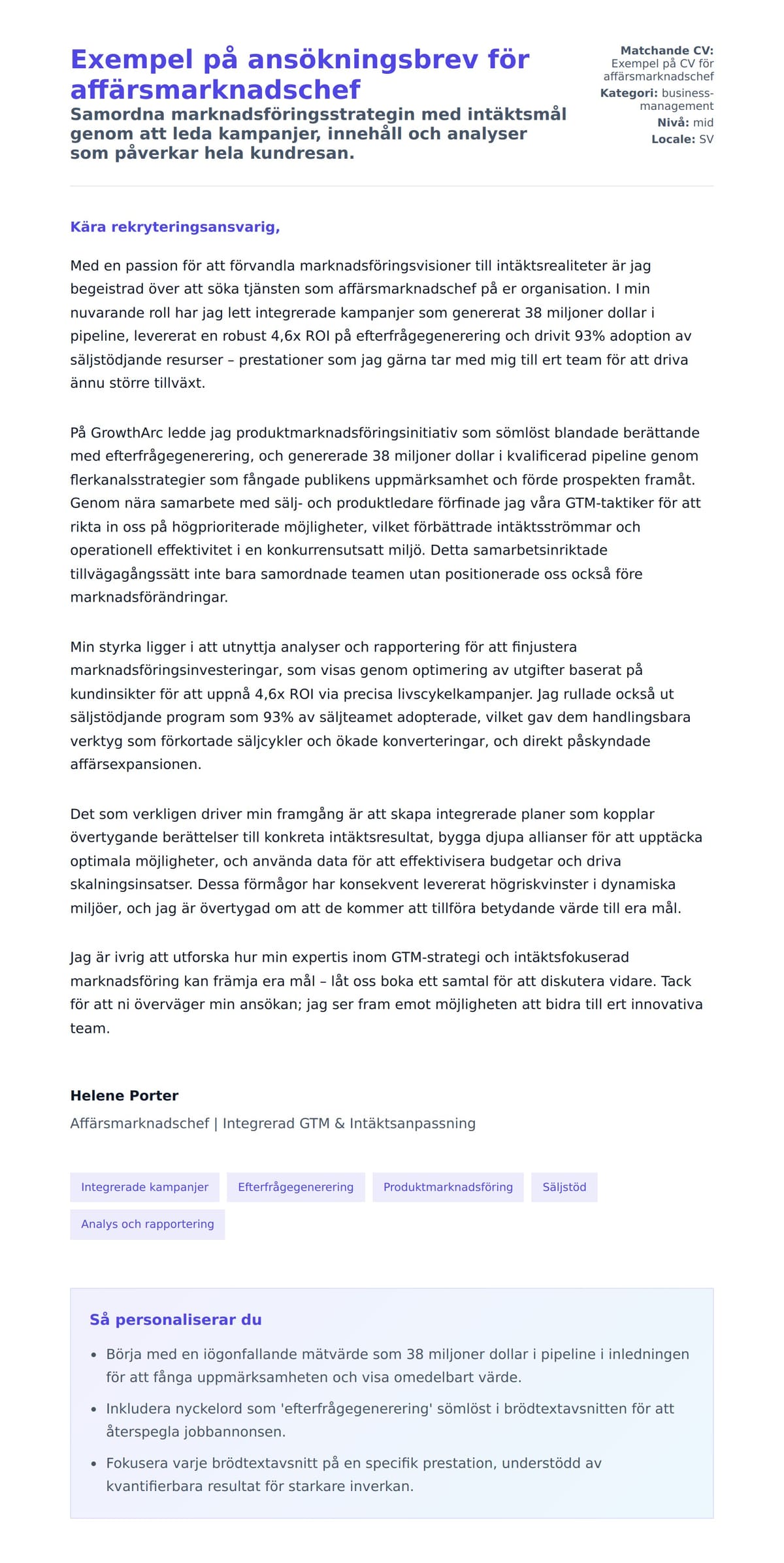 Förhandsgranskning av motivationsbrev för Exempel på ansökningsbrev för affärsmarknadschef