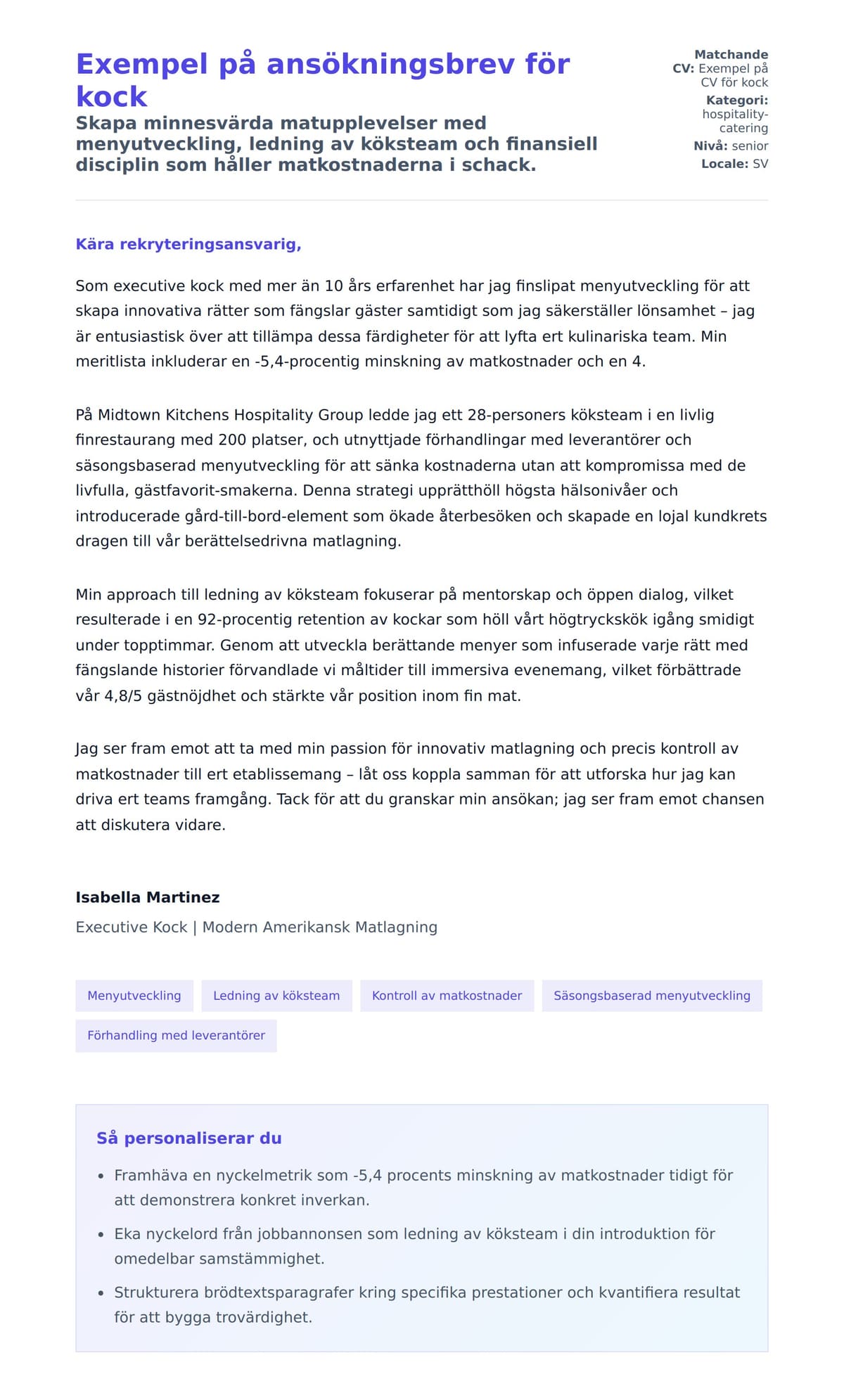Förhandsgranskning av motivationsbrev för Exempel på ansökningsbrev för kock