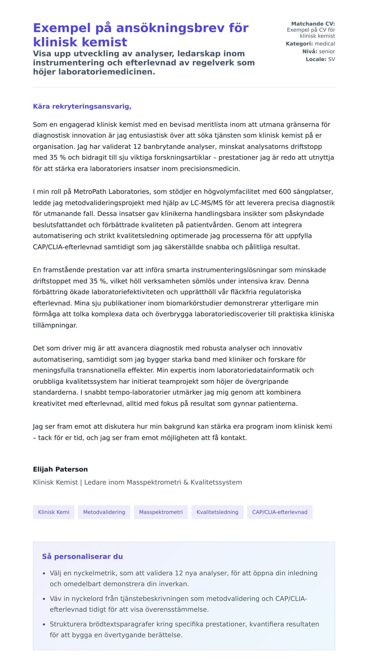 Förhandsgranskning av motivationsbrev för Exempel på ansökningsbrev för klinisk kemist