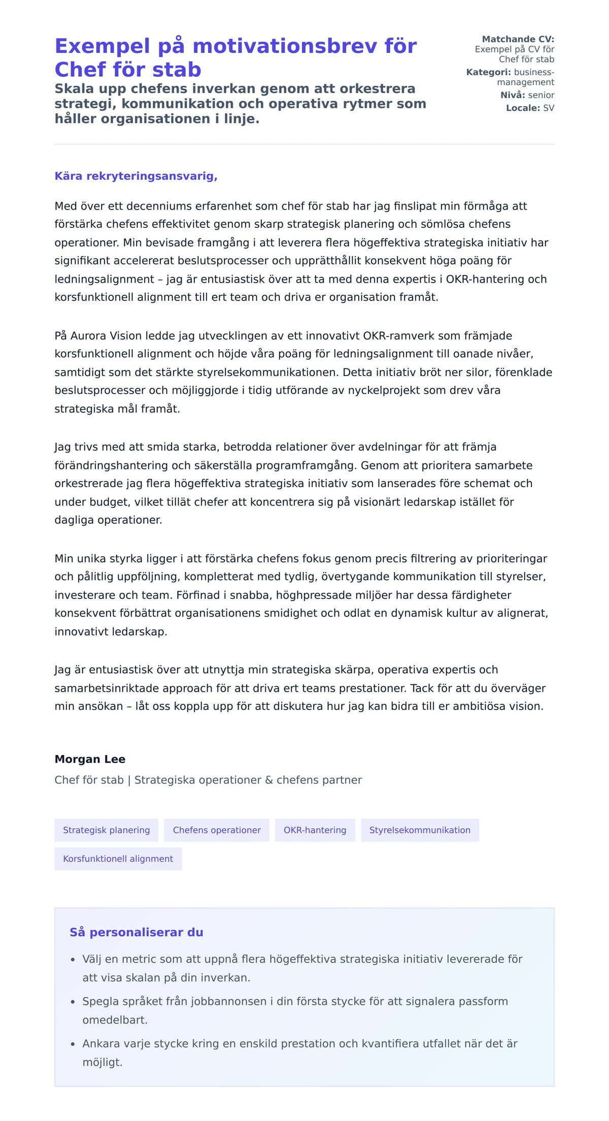 Förhandsgranskning av motivationsbrev för Exempel på motivationsbrev för Chef för stab