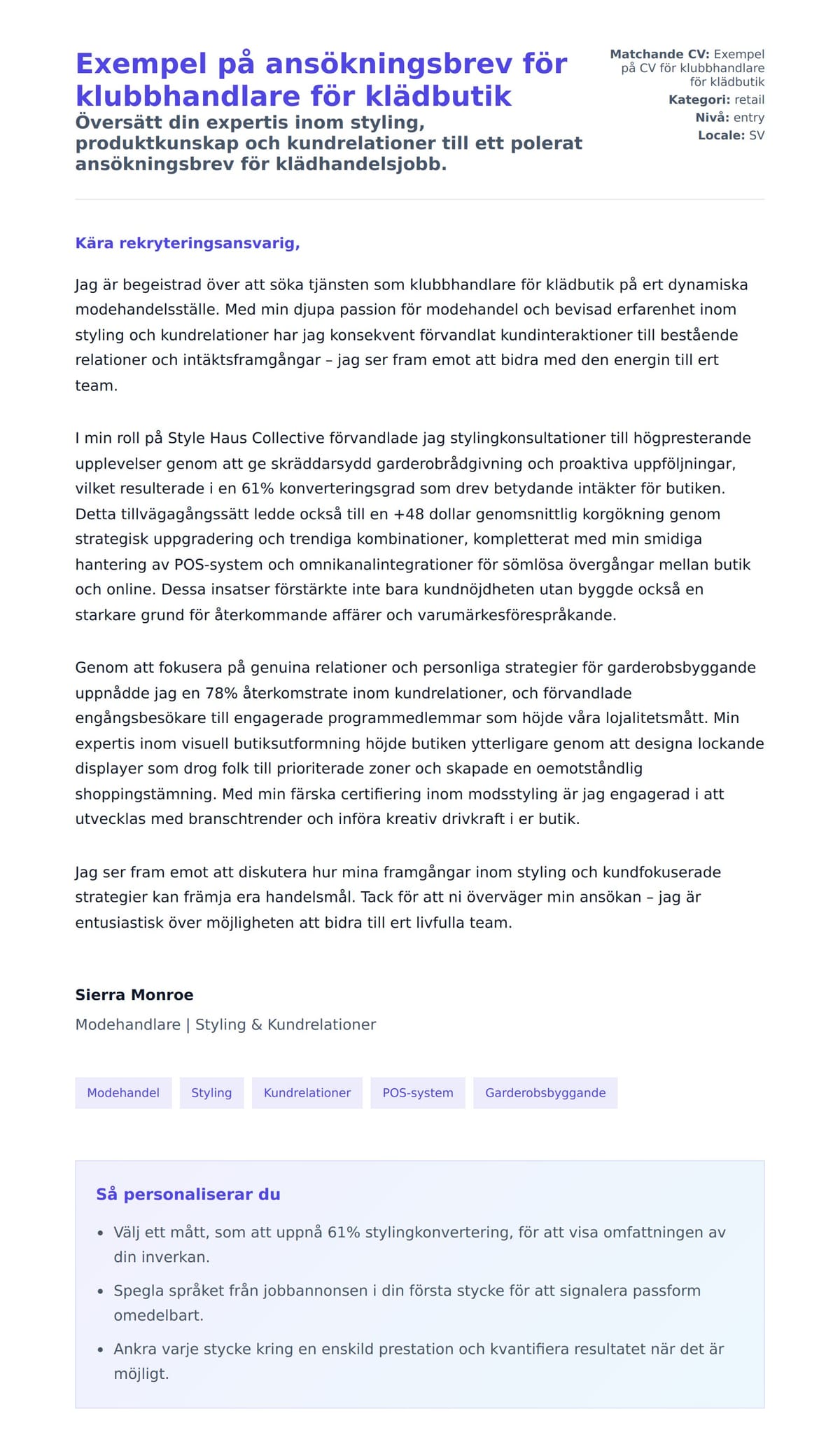 Förhandsgranskning av motivationsbrev för Exempel på ansökningsbrev för klubbhandlare för klädbutik