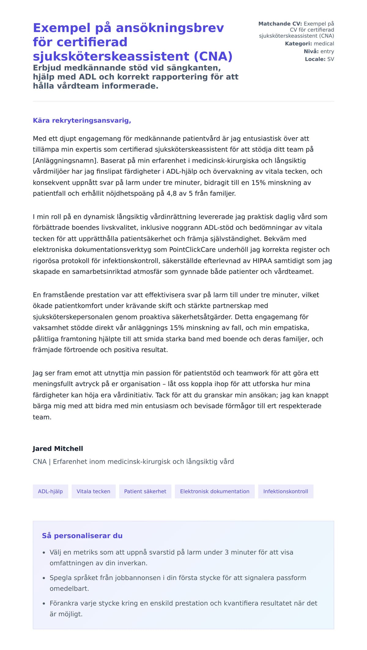 Förhandsgranskning av motivationsbrev för Exempel på ansökningsbrev för certifierad sjuksköterskeassistent (CNA)