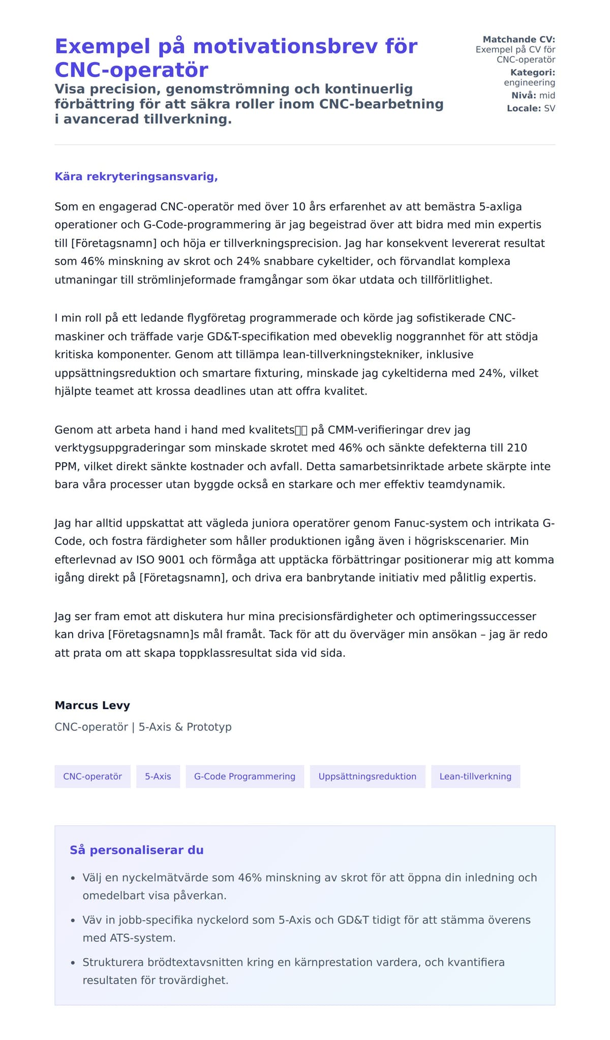 Förhandsgranskning av motivationsbrev för Exempel på motivationsbrev för CNC-operatör