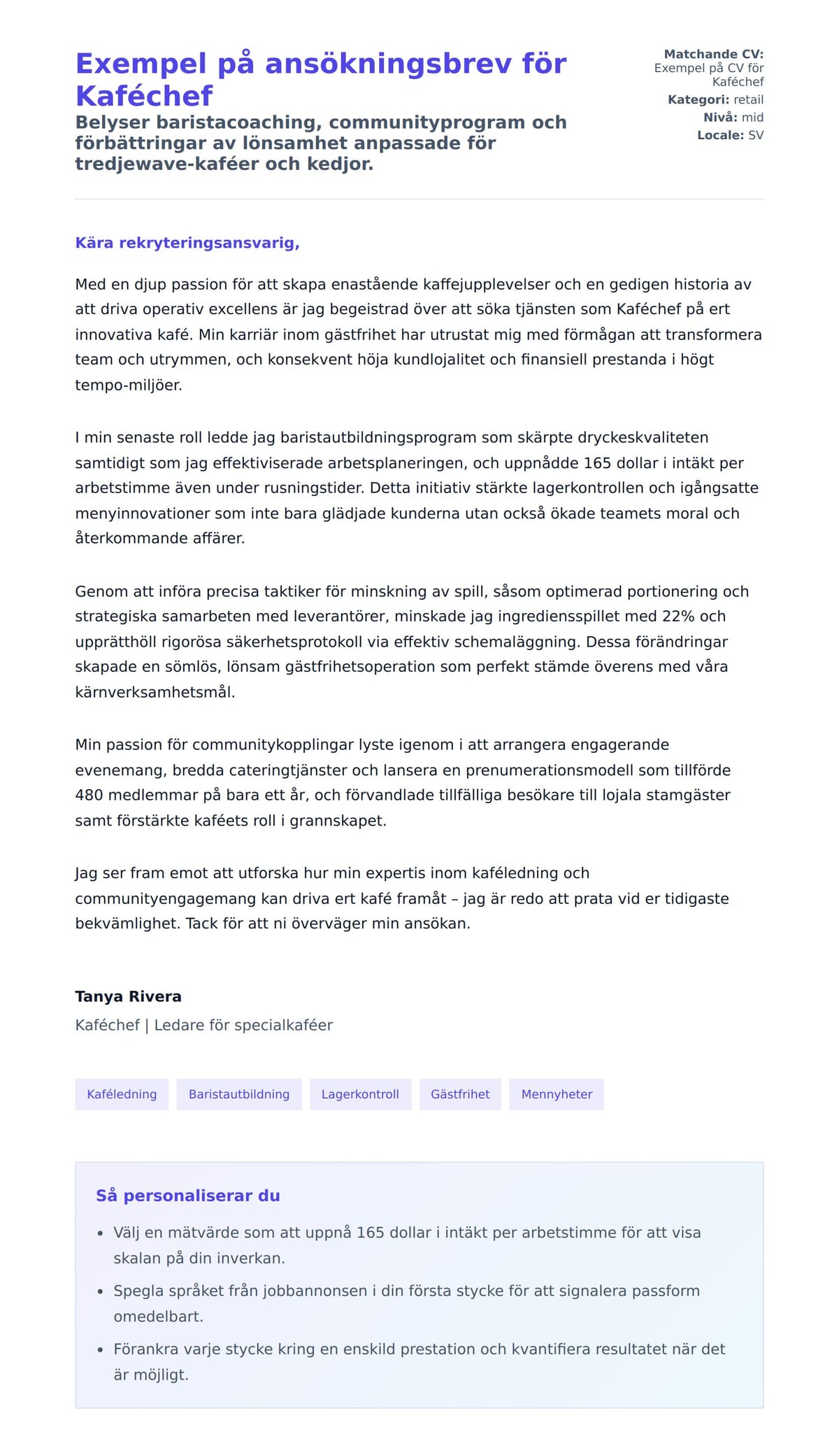 Förhandsgranskning av motivationsbrev för Exempel på ansökningsbrev för Kaféchef