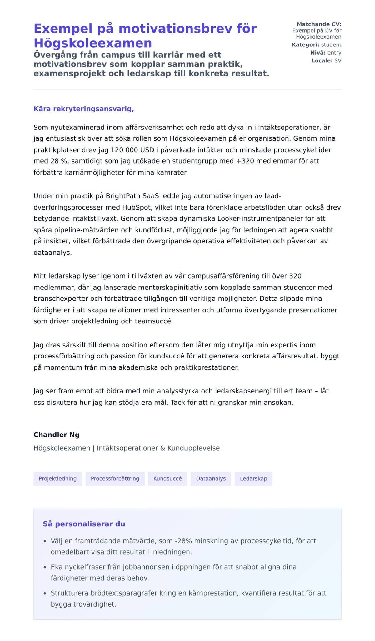 Förhandsgranskning av motivationsbrev för Exempel på motivationsbrev för Högskoleexamen