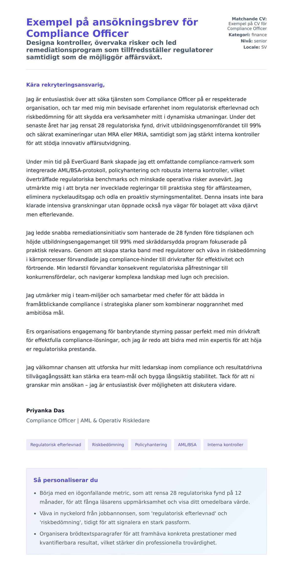 Förhandsgranskning av motivationsbrev för Exempel på ansökningsbrev för Compliance Officer