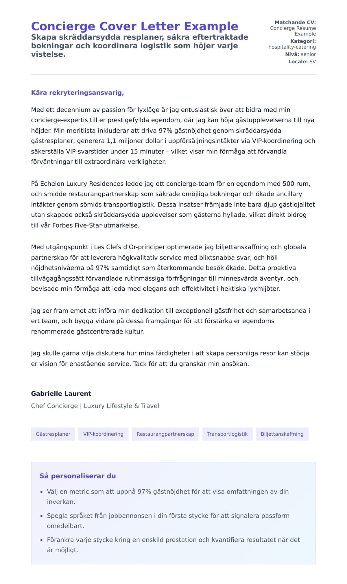 Förhandsgranskning av motivationsbrev för Concierge Cover Letter Example
