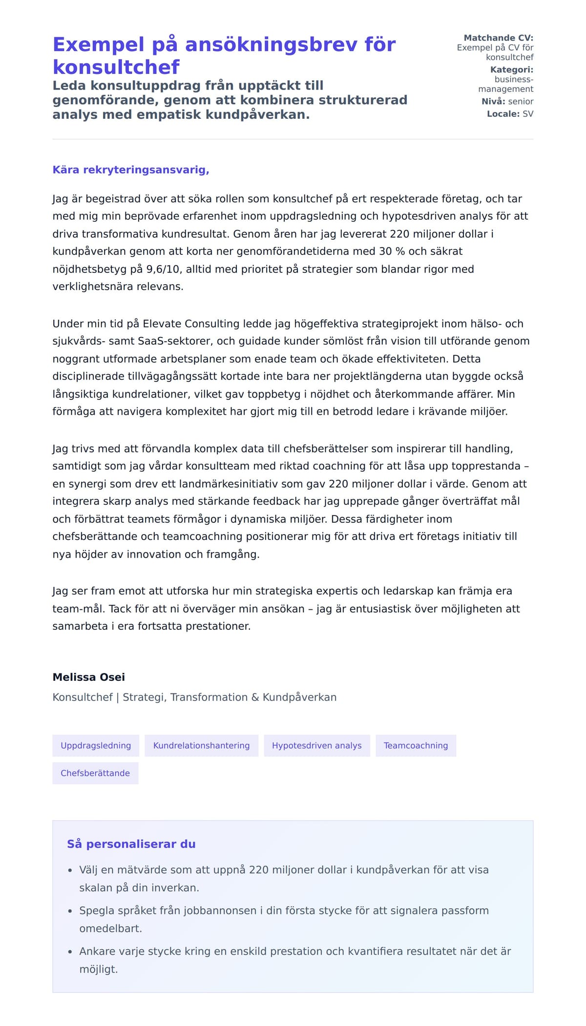 Förhandsgranskning av motivationsbrev för Exempel på ansökningsbrev för konsultchef
