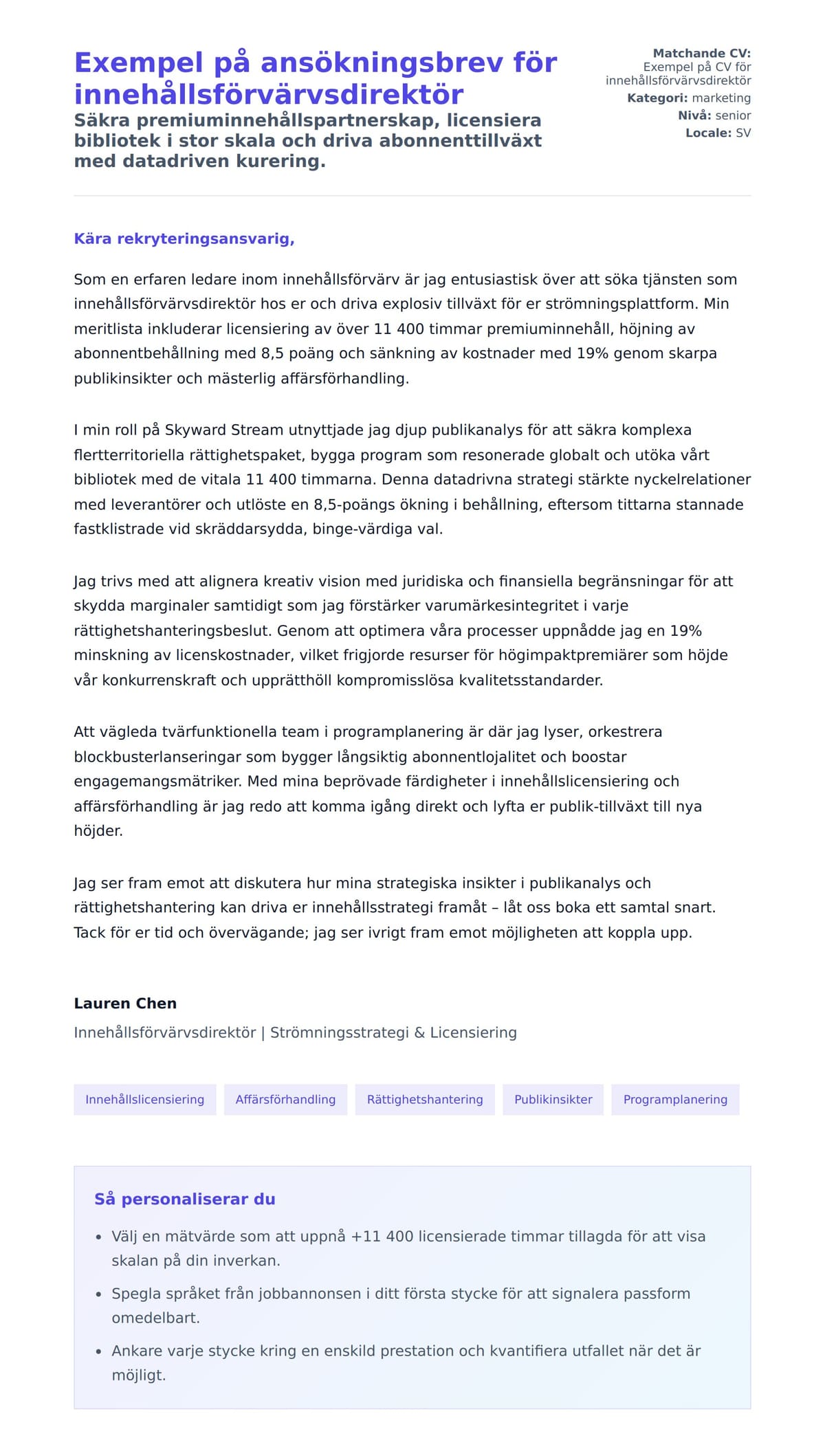 Förhandsgranskning av motivationsbrev för Exempel på ansökningsbrev för innehållsförvärvsdirektör