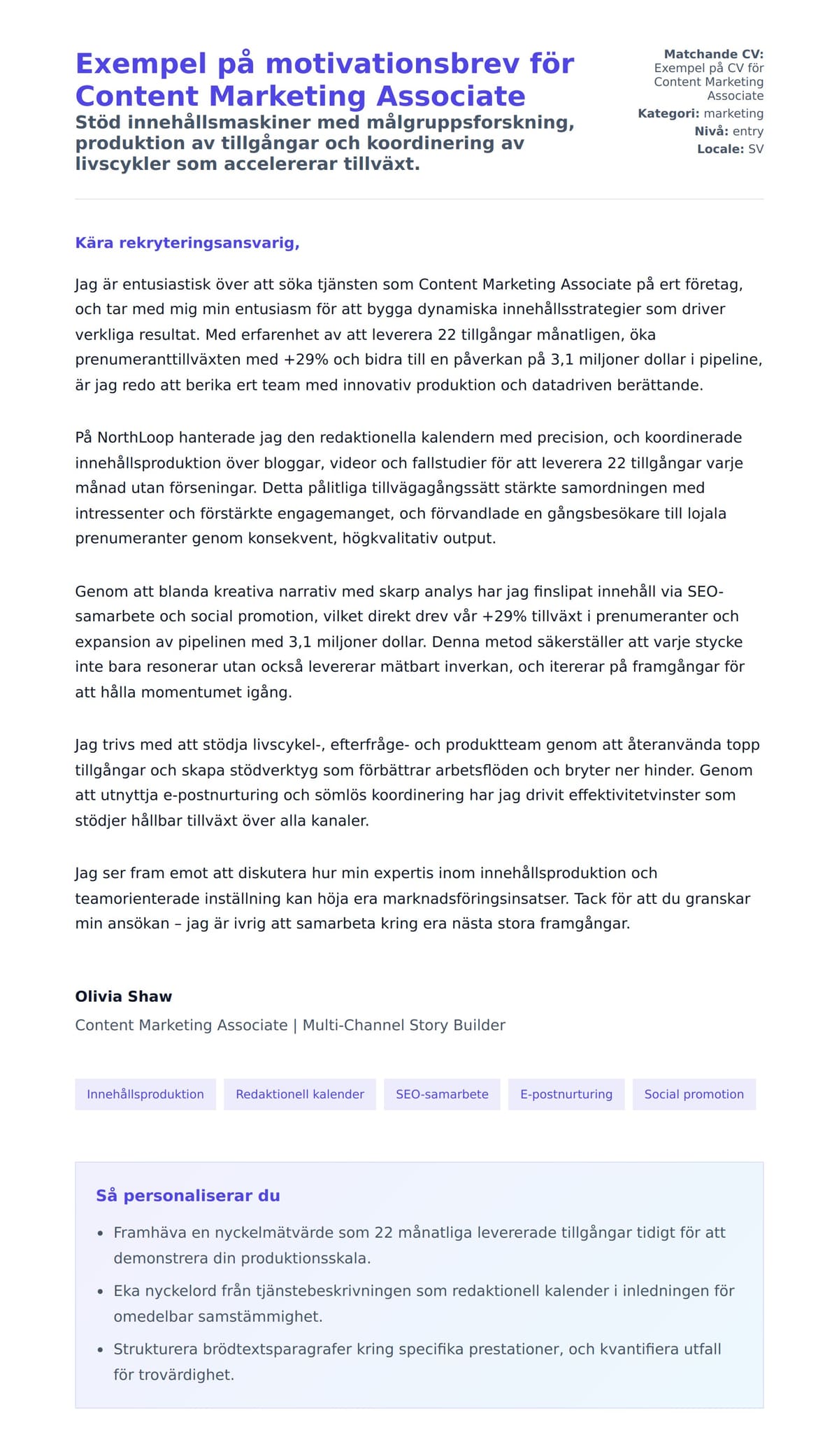 Förhandsgranskning av motivationsbrev för Exempel på motivationsbrev för Content Marketing Associate