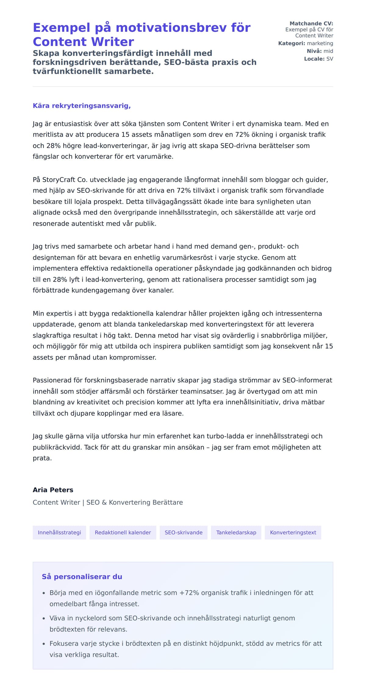 Förhandsgranskning av motivationsbrev för Exempel på motivationsbrev för Content Writer