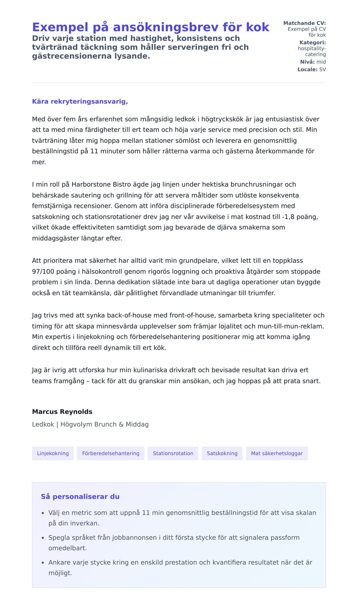 Förhandsgranskning av motivationsbrev för Exempel på ansökningsbrev för kok
