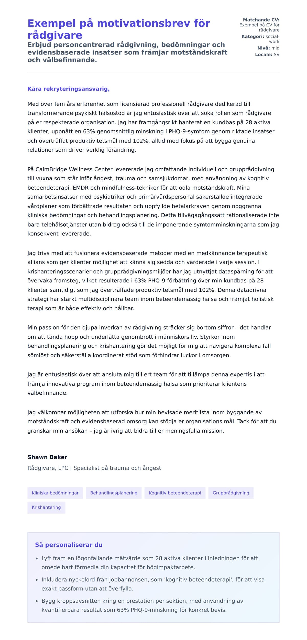 Förhandsgranskning av motivationsbrev för Exempel på motivationsbrev för rådgivare