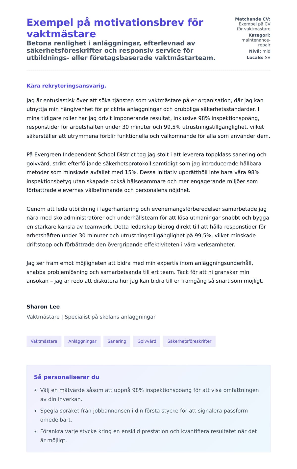 Förhandsgranskning av motivationsbrev för Exempel på motivationsbrev för vaktmästare