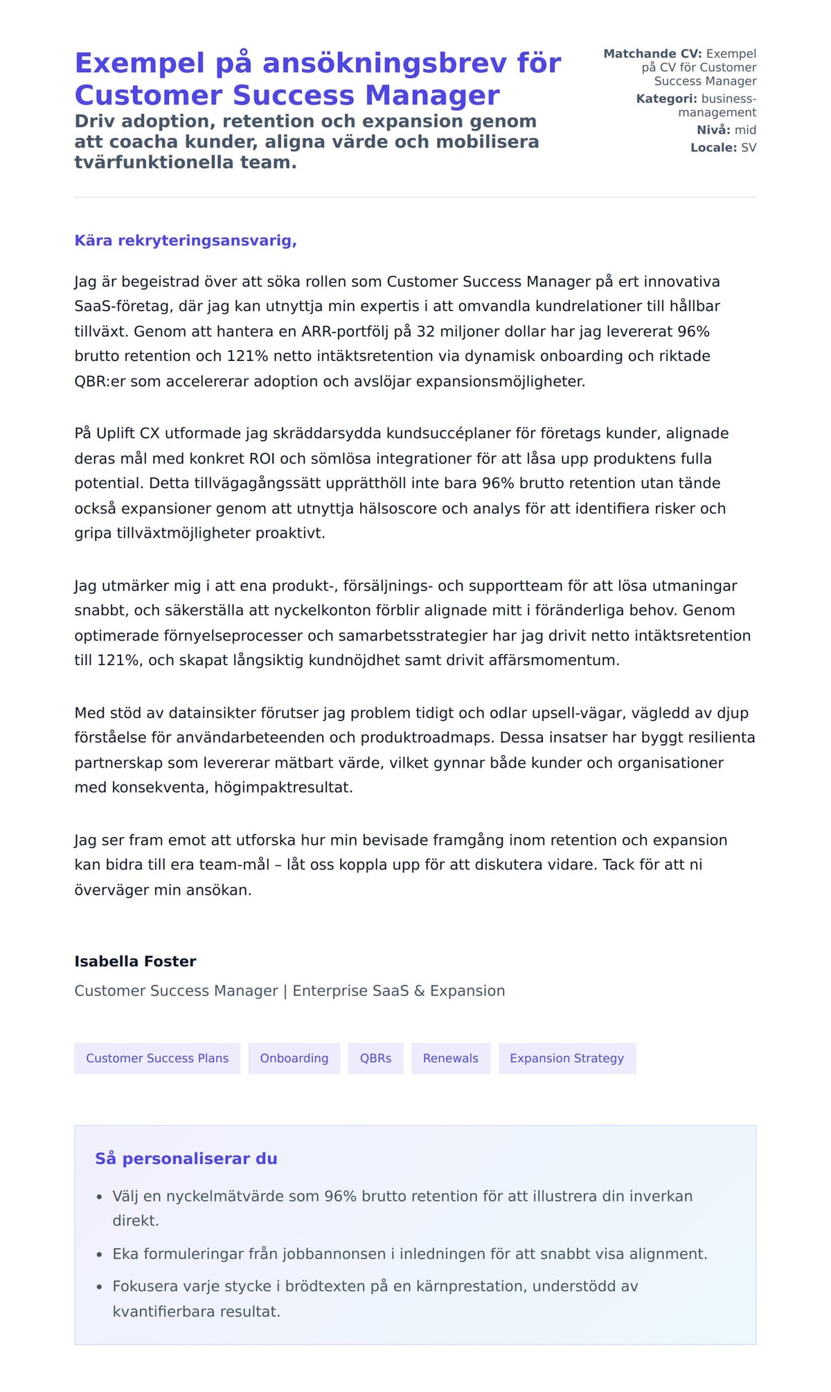 Förhandsgranskning av motivationsbrev för Exempel på ansökningsbrev för Customer Success Manager