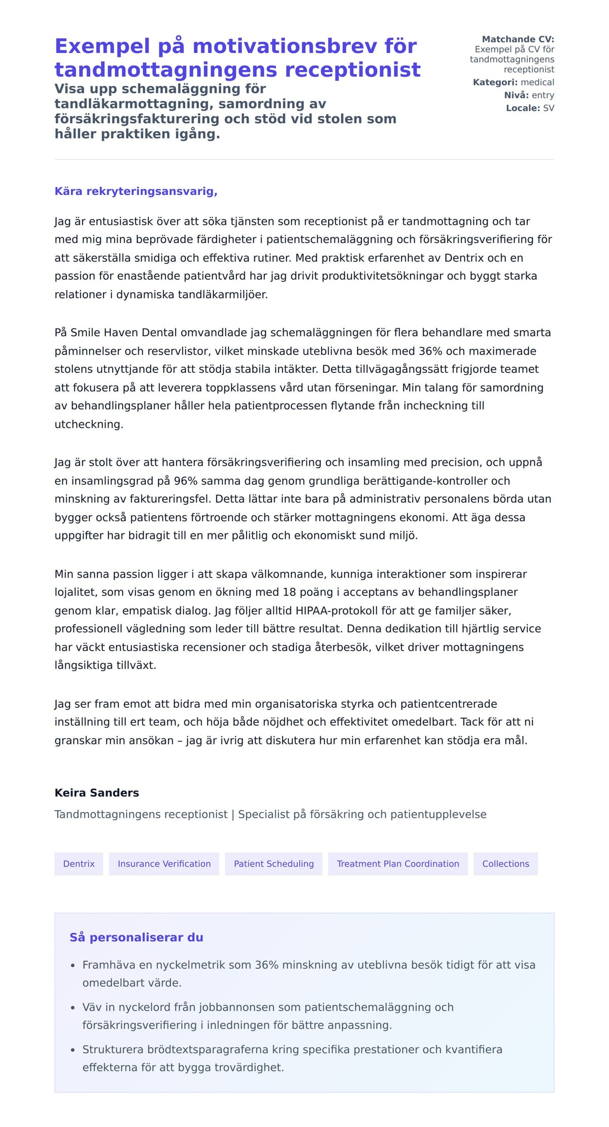 Förhandsgranskning av motivationsbrev för Exempel på motivationsbrev för tandmottagningens receptionist