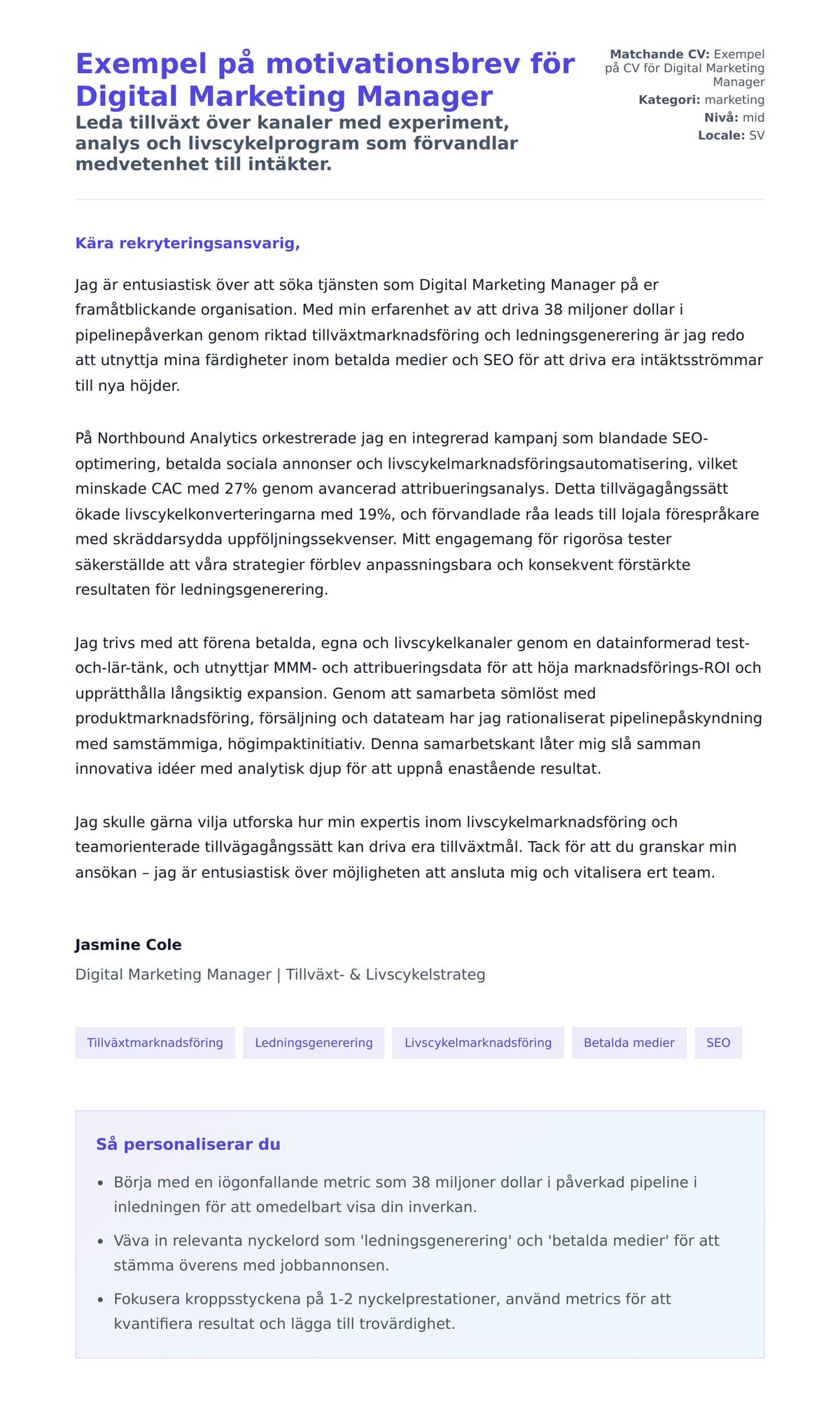 Förhandsgranskning av motivationsbrev för Exempel på motivationsbrev för Digital Marketing Manager