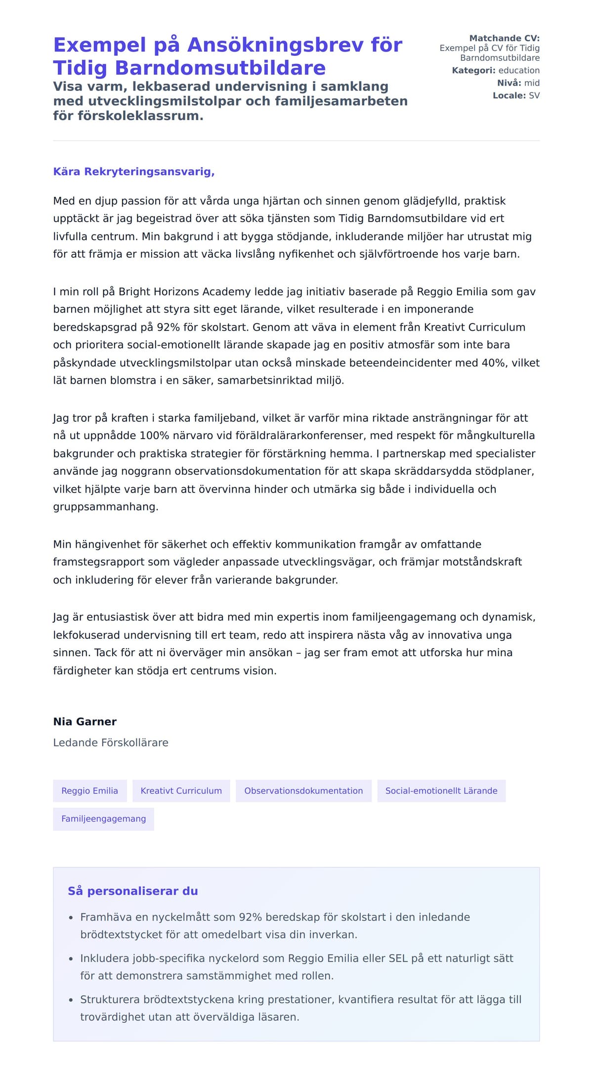 Förhandsgranskning av motivationsbrev för Exempel på Ansökningsbrev för Tidig Barndomsutbildare