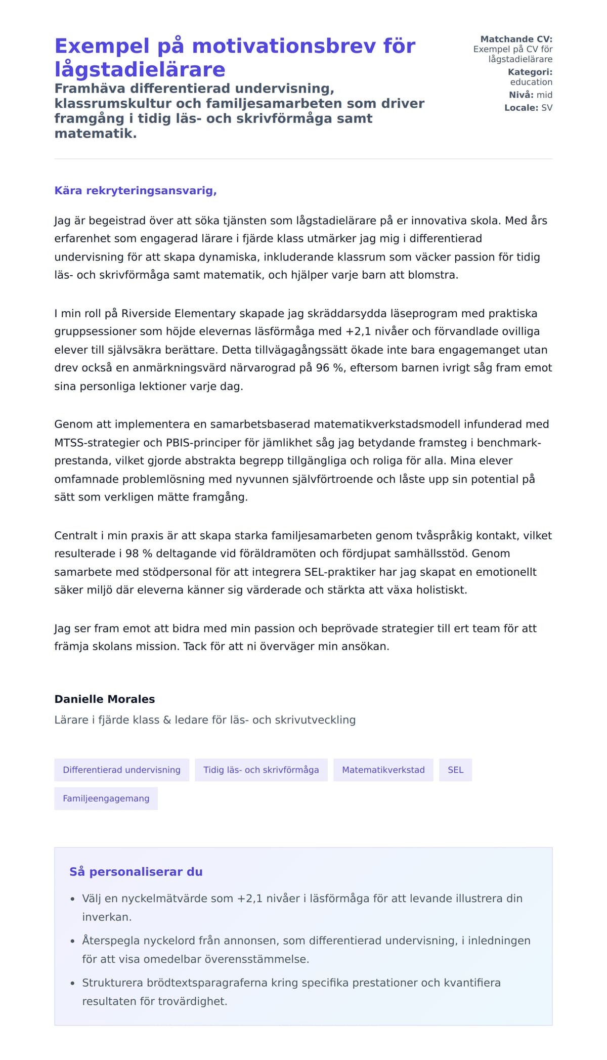 Förhandsgranskning av motivationsbrev för Exempel på motivationsbrev för lågstadielärare