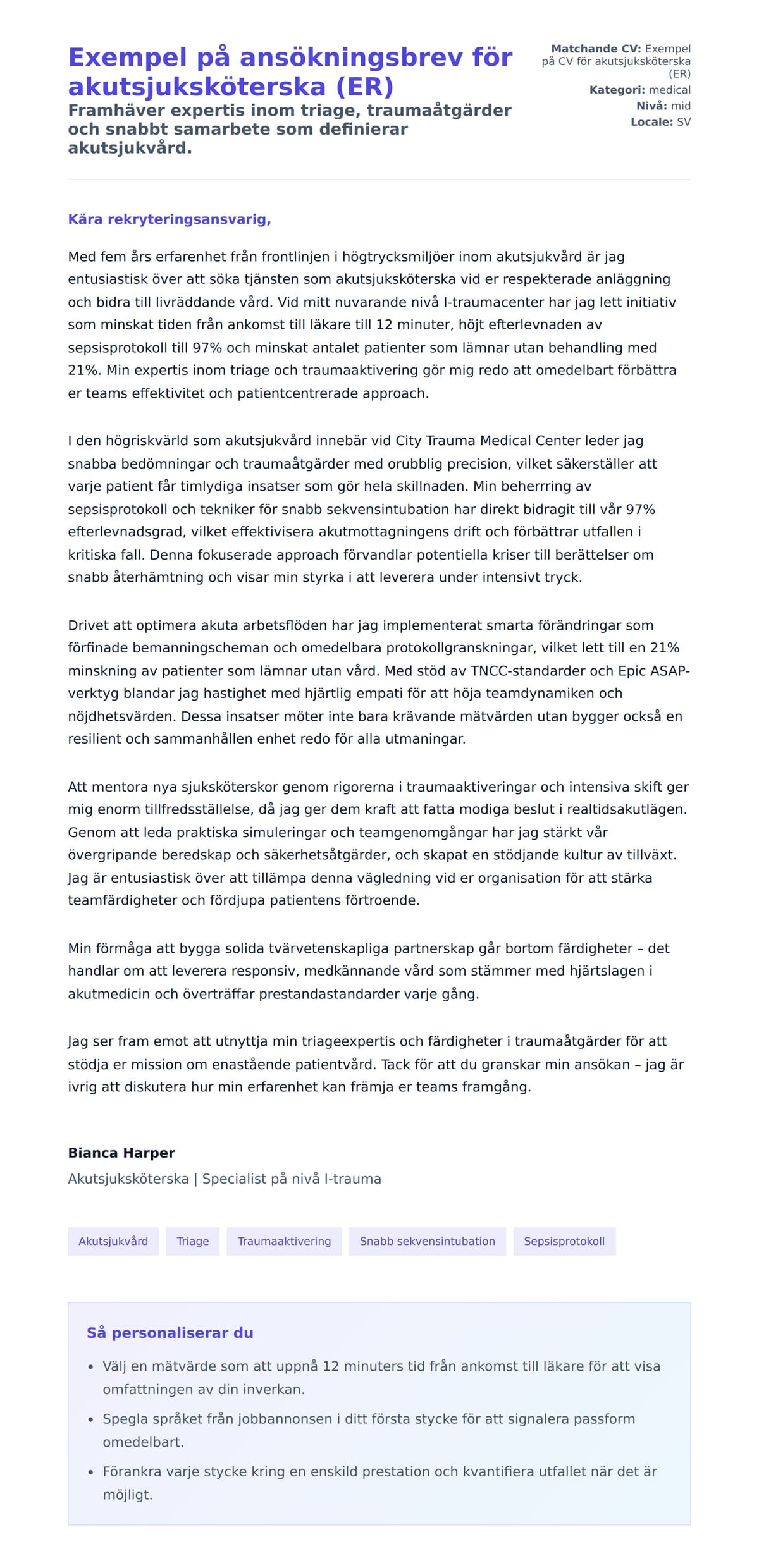 Förhandsgranskning av motivationsbrev för Exempel på ansökningsbrev för akutsjuksköterska (ER)