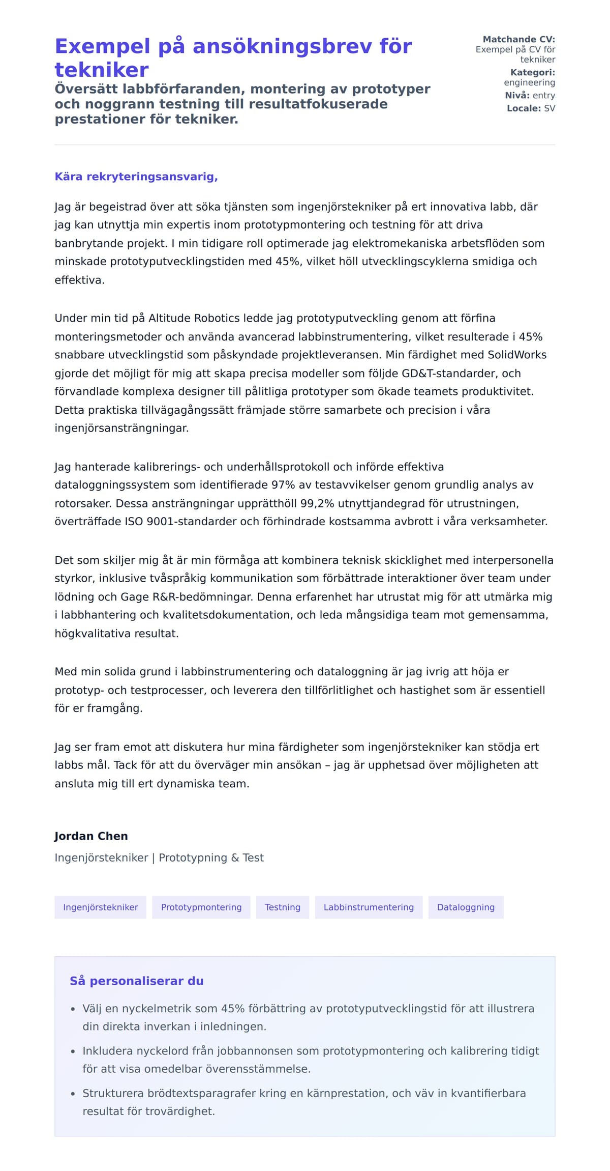 Förhandsgranskning av motivationsbrev för Exempel på ansökningsbrev för tekniker