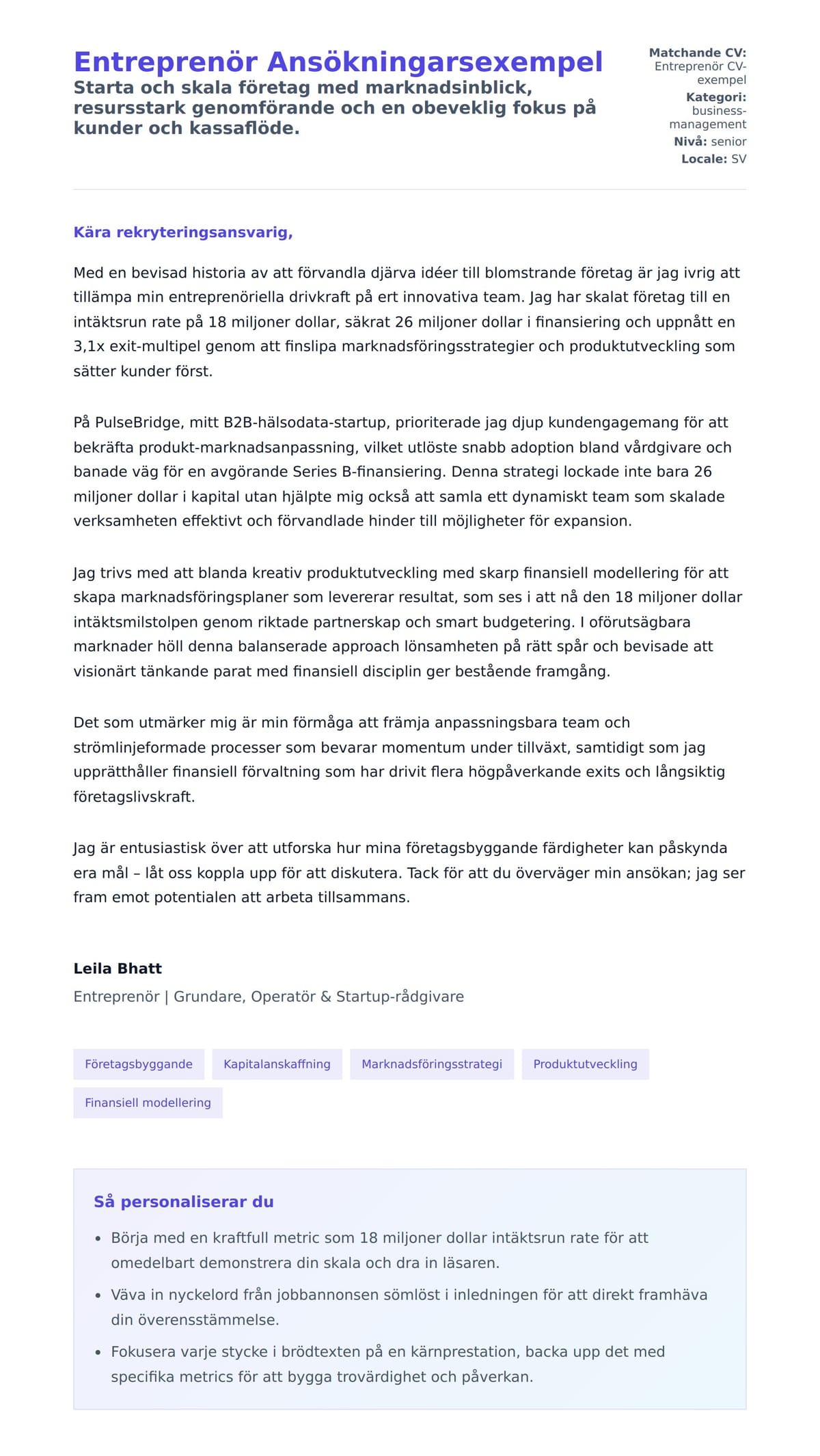 Förhandsgranskning av motivationsbrev för Entreprenör Ansökningarsexempel