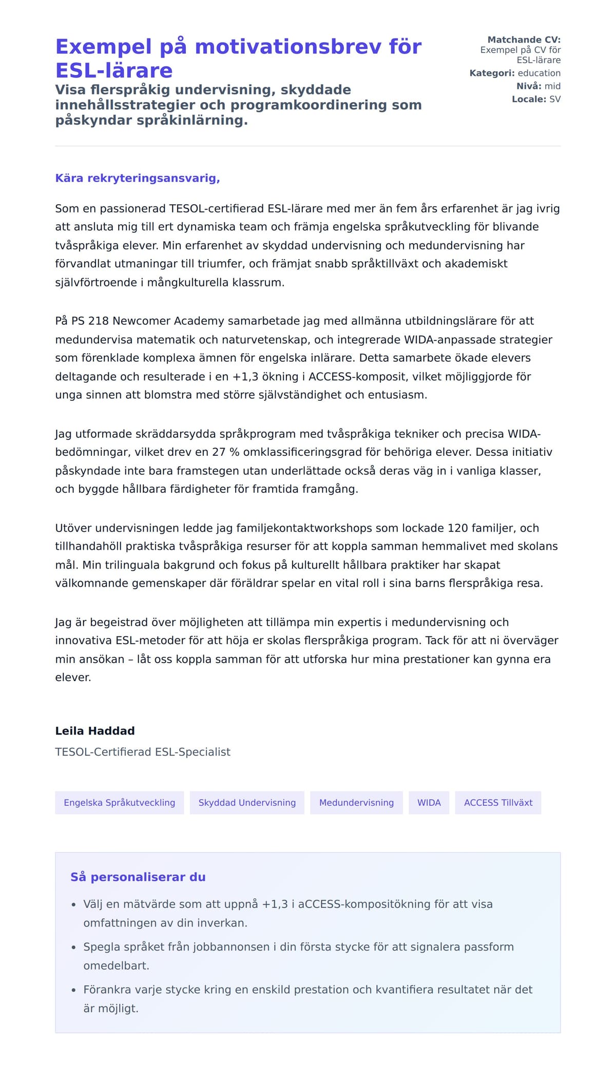 Förhandsgranskning av motivationsbrev för Exempel på motivationsbrev för ESL-lärare