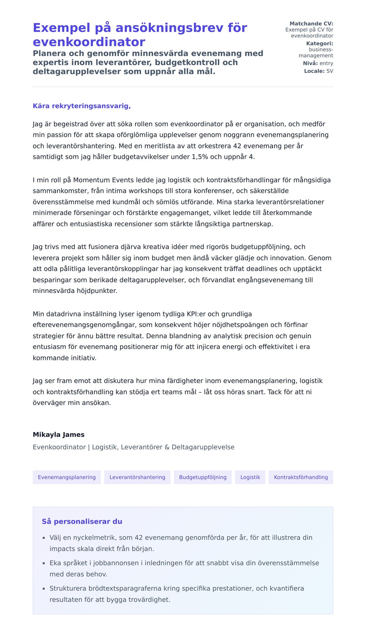 Förhandsgranskning av motivationsbrev för Exempel på ansökningsbrev för evenkoordinator