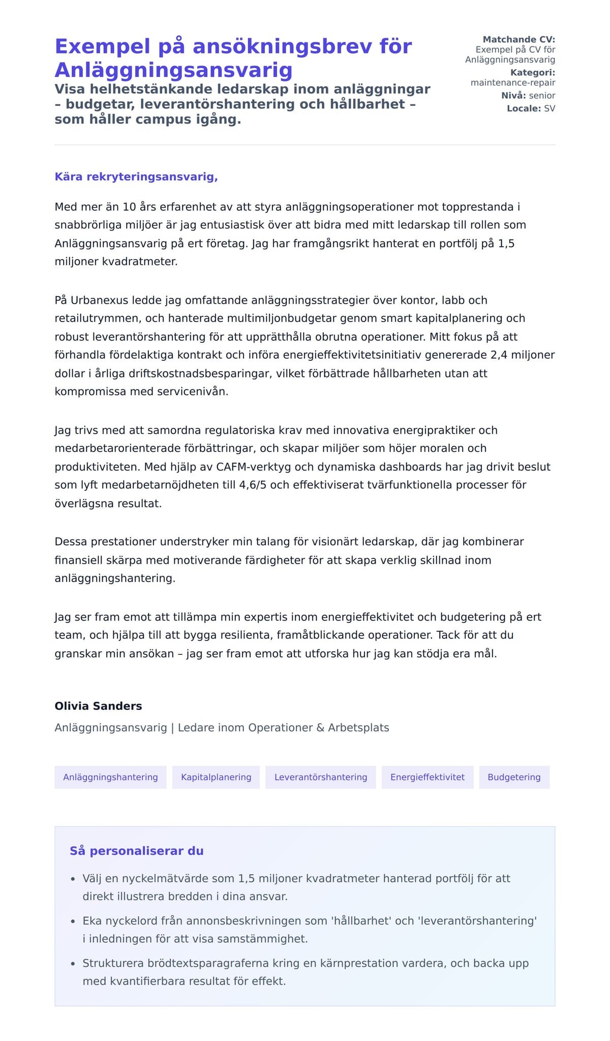 Förhandsgranskning av motivationsbrev för Exempel på ansökningsbrev för Anläggningsansvarig