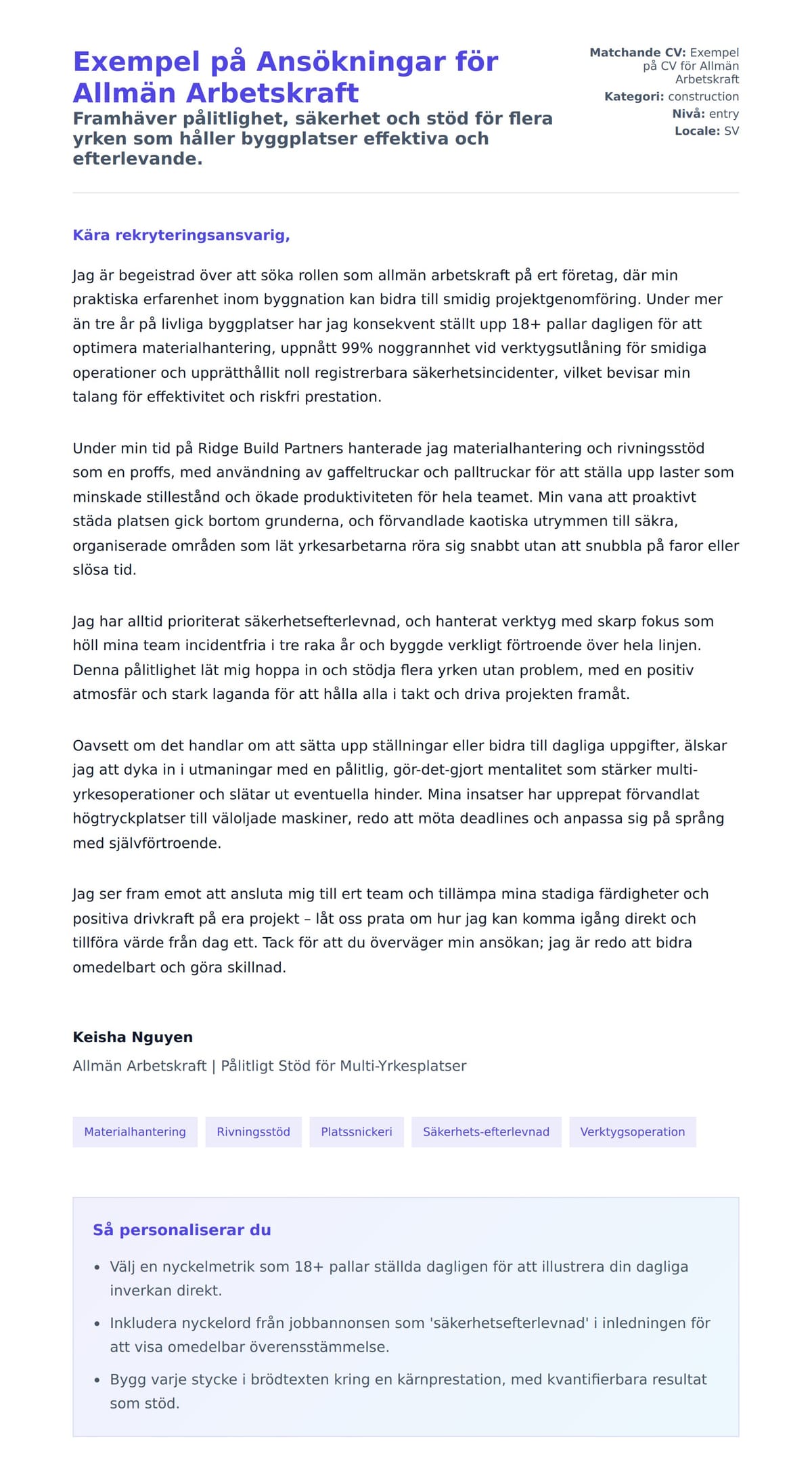 Förhandsgranskning av motivationsbrev för Exempel på Ansökningar för Allmän Arbetskraft