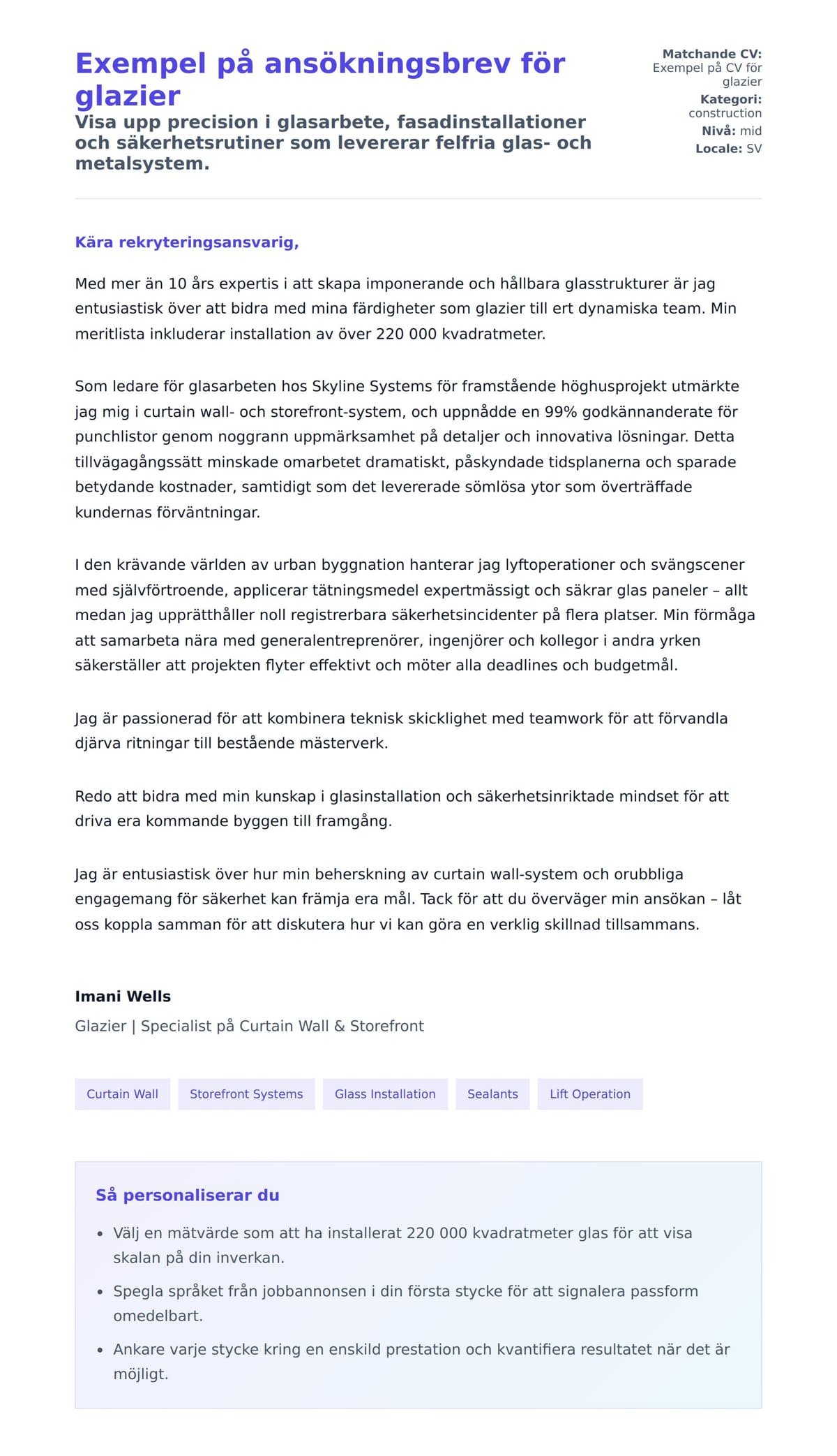 Förhandsgranskning av motivationsbrev för Exempel på ansökningsbrev för glazier