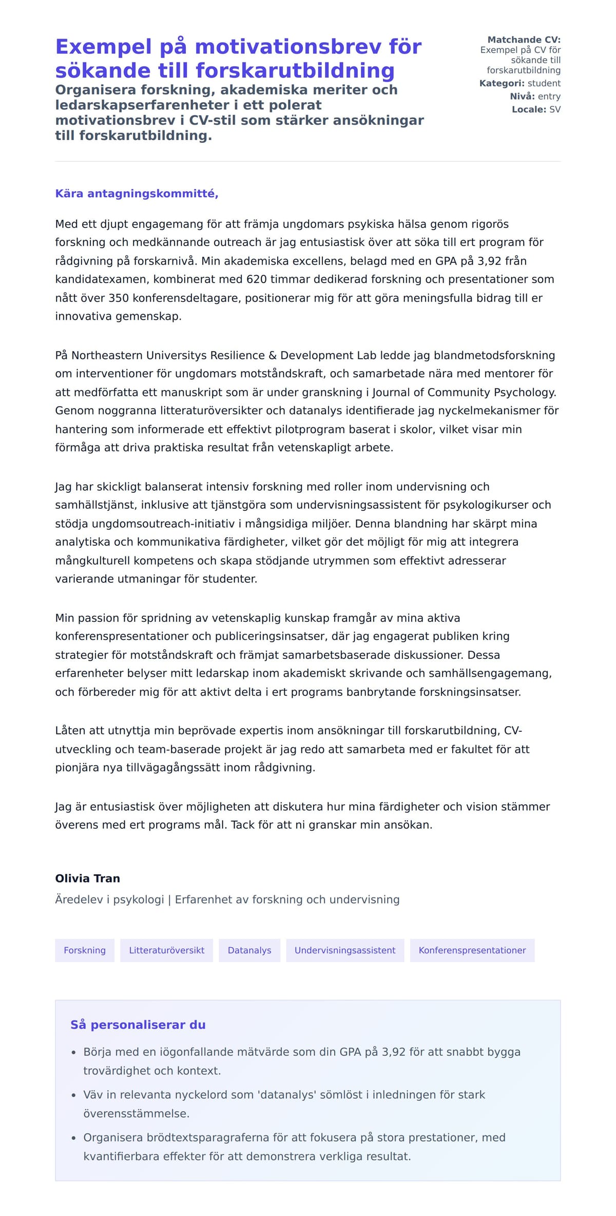 Förhandsgranskning av motivationsbrev för Exempel på motivationsbrev för sökande till forskarutbildning