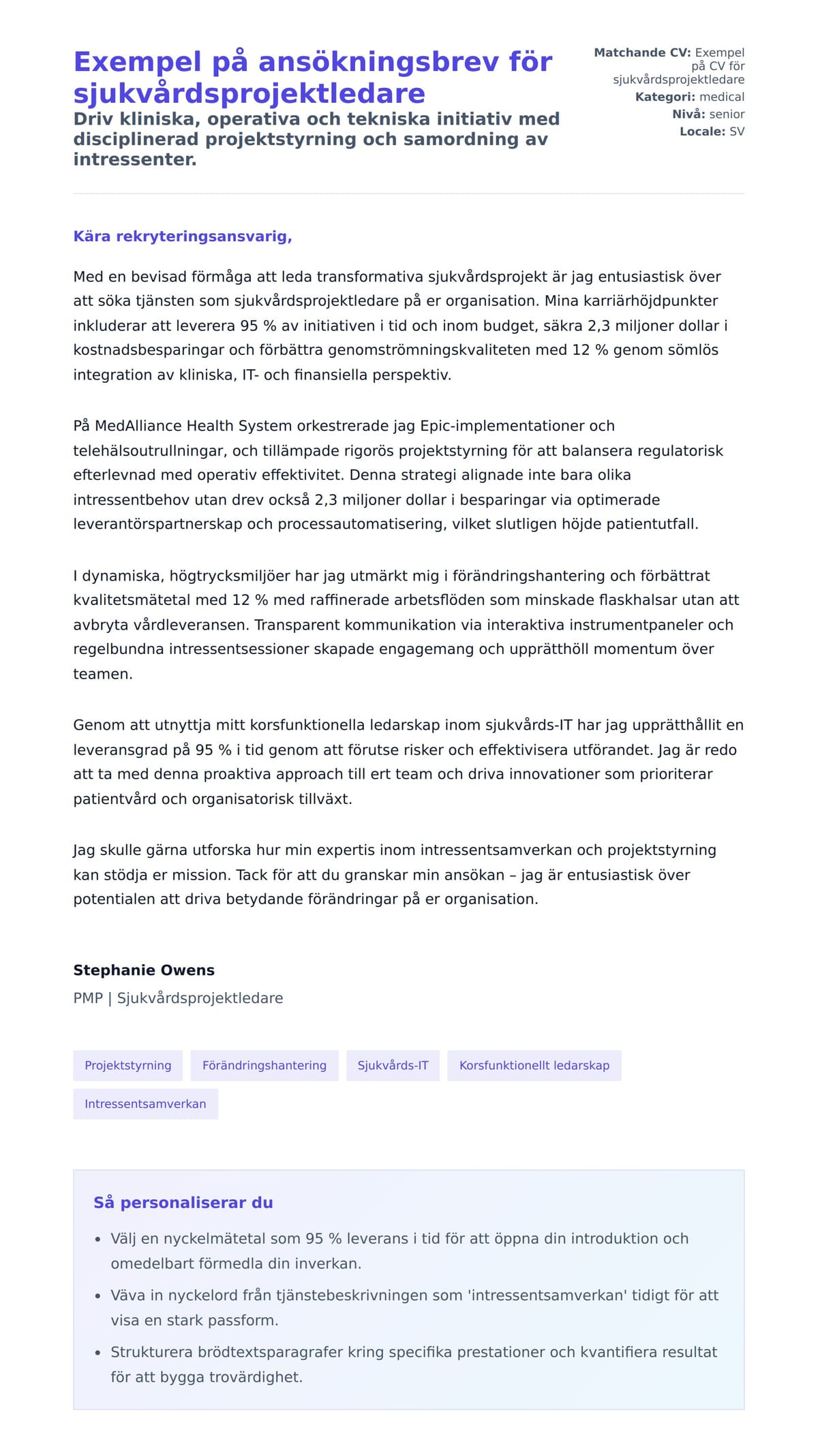 Förhandsgranskning av motivationsbrev för Exempel på ansökningsbrev för sjukvårdsprojektledare