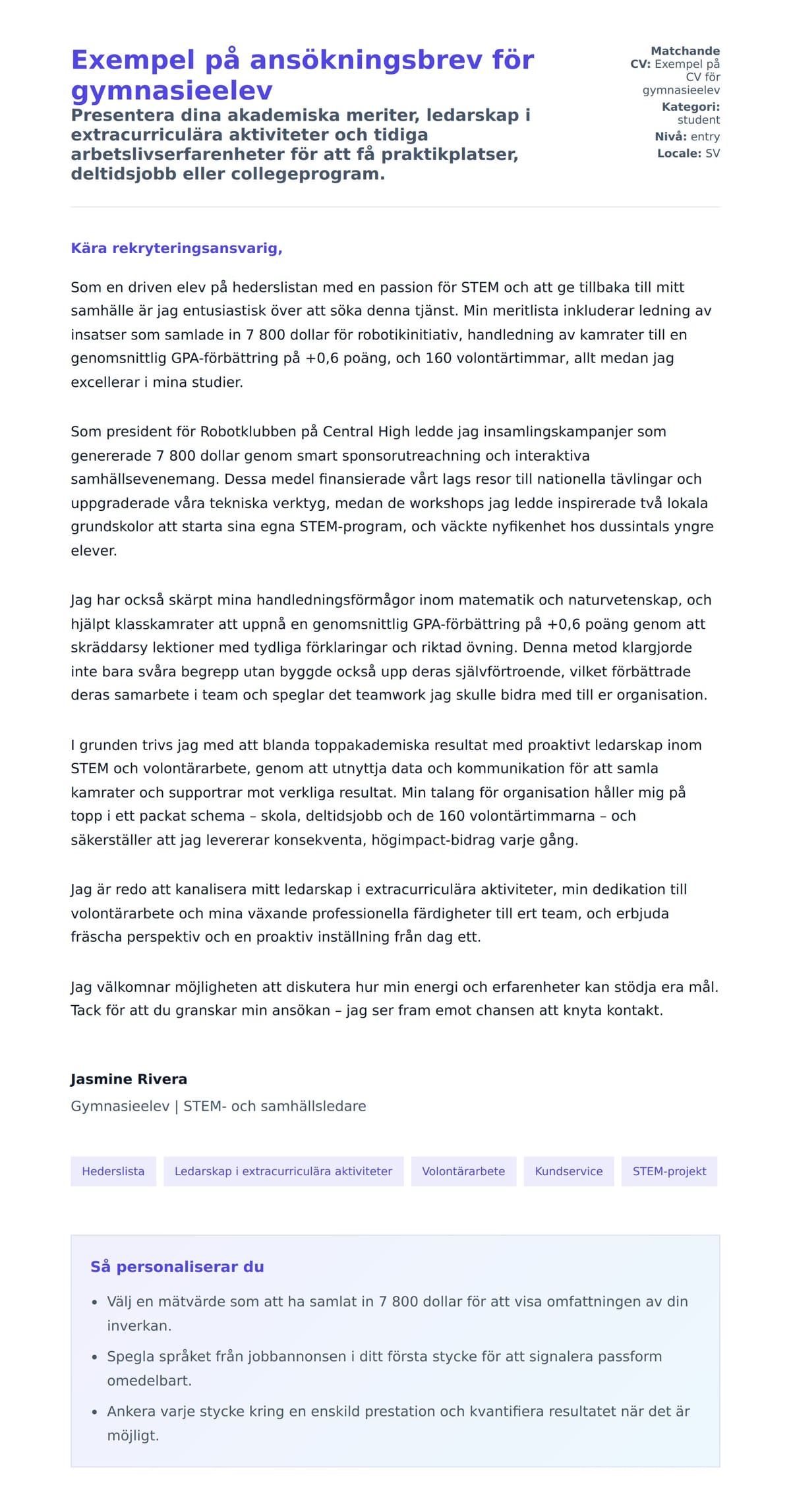 Förhandsgranskning av motivationsbrev för Exempel på ansökningsbrev för gymnasieelev