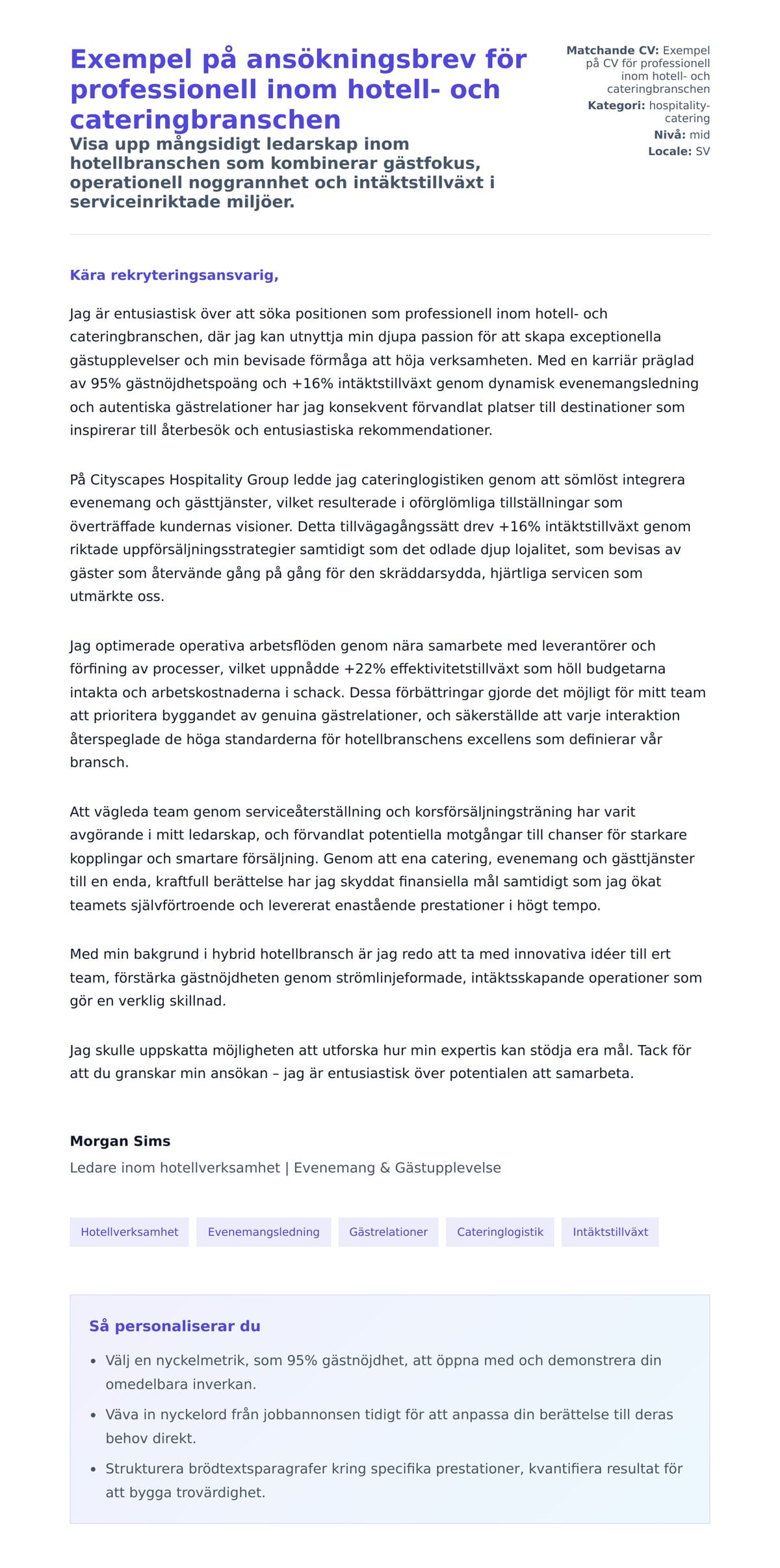 Förhandsgranskning av motivationsbrev för Exempel på ansökningsbrev för professionell inom hotell- och cateringbranschen
