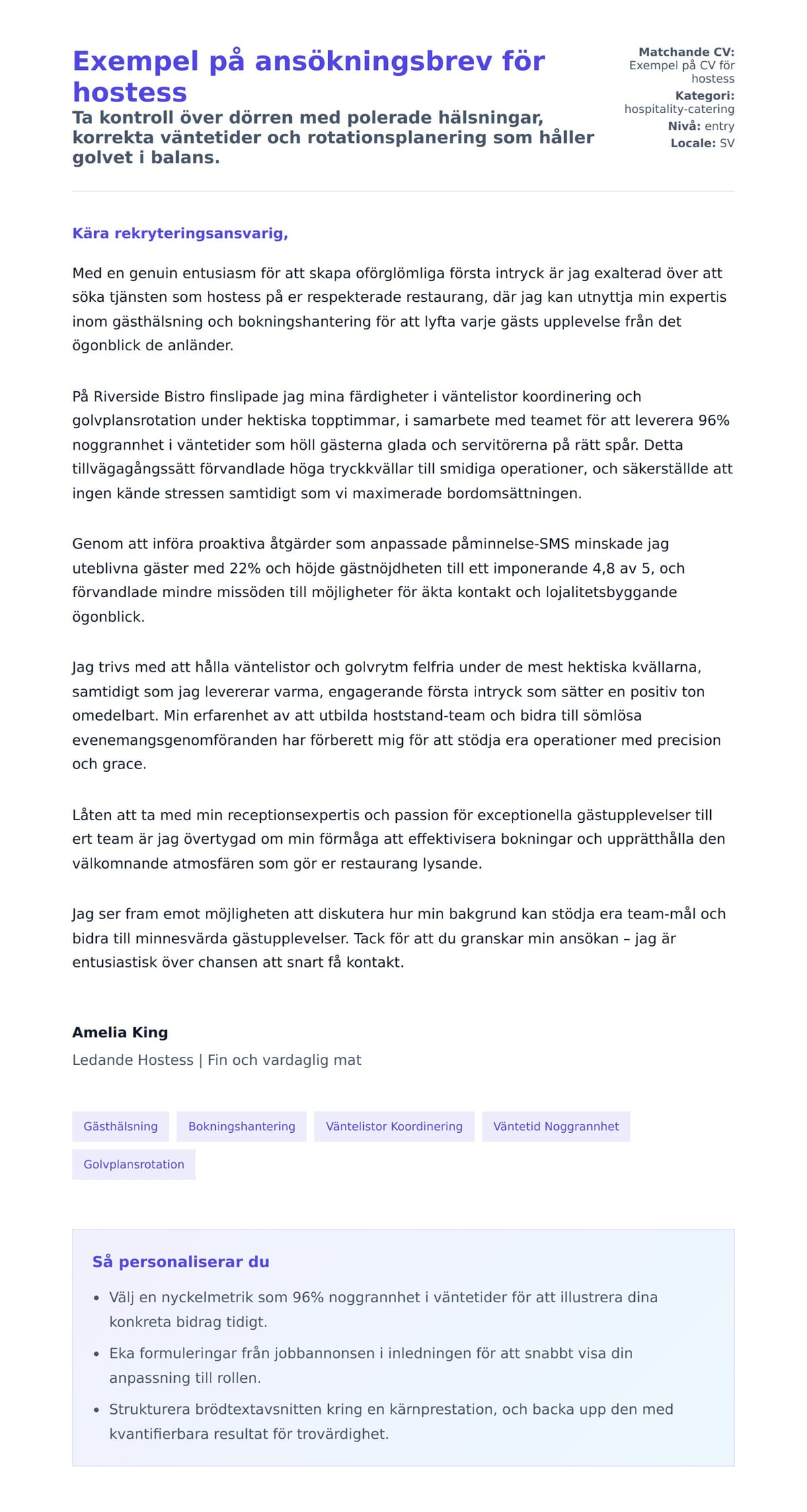 Förhandsgranskning av motivationsbrev för Exempel på ansökningsbrev för hostess