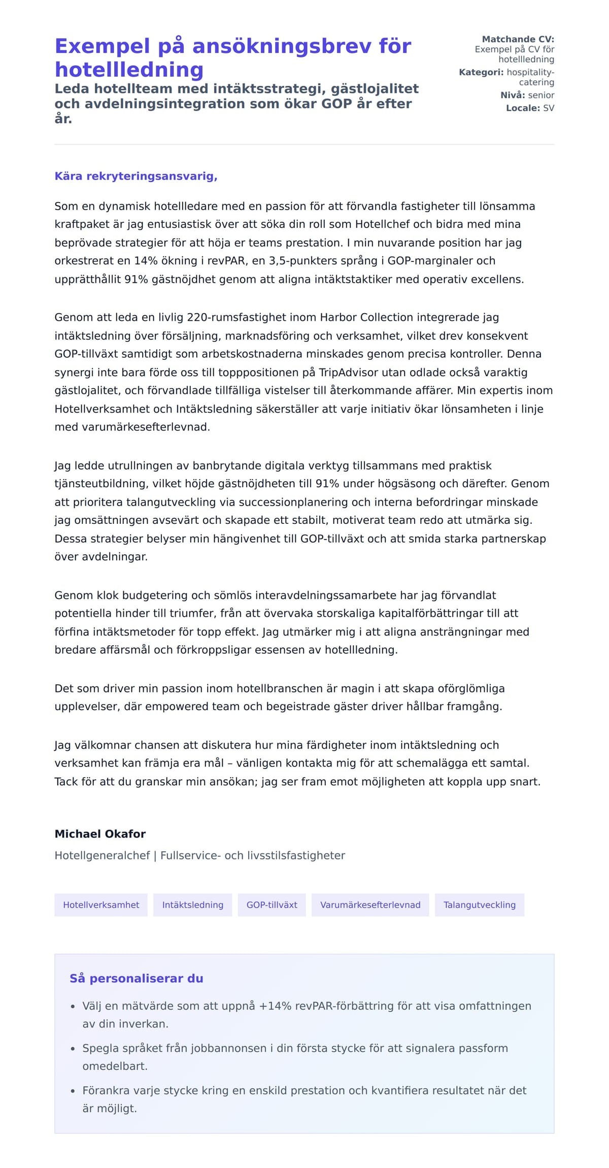 Förhandsgranskning av motivationsbrev för Exempel på ansökningsbrev för hotellledning