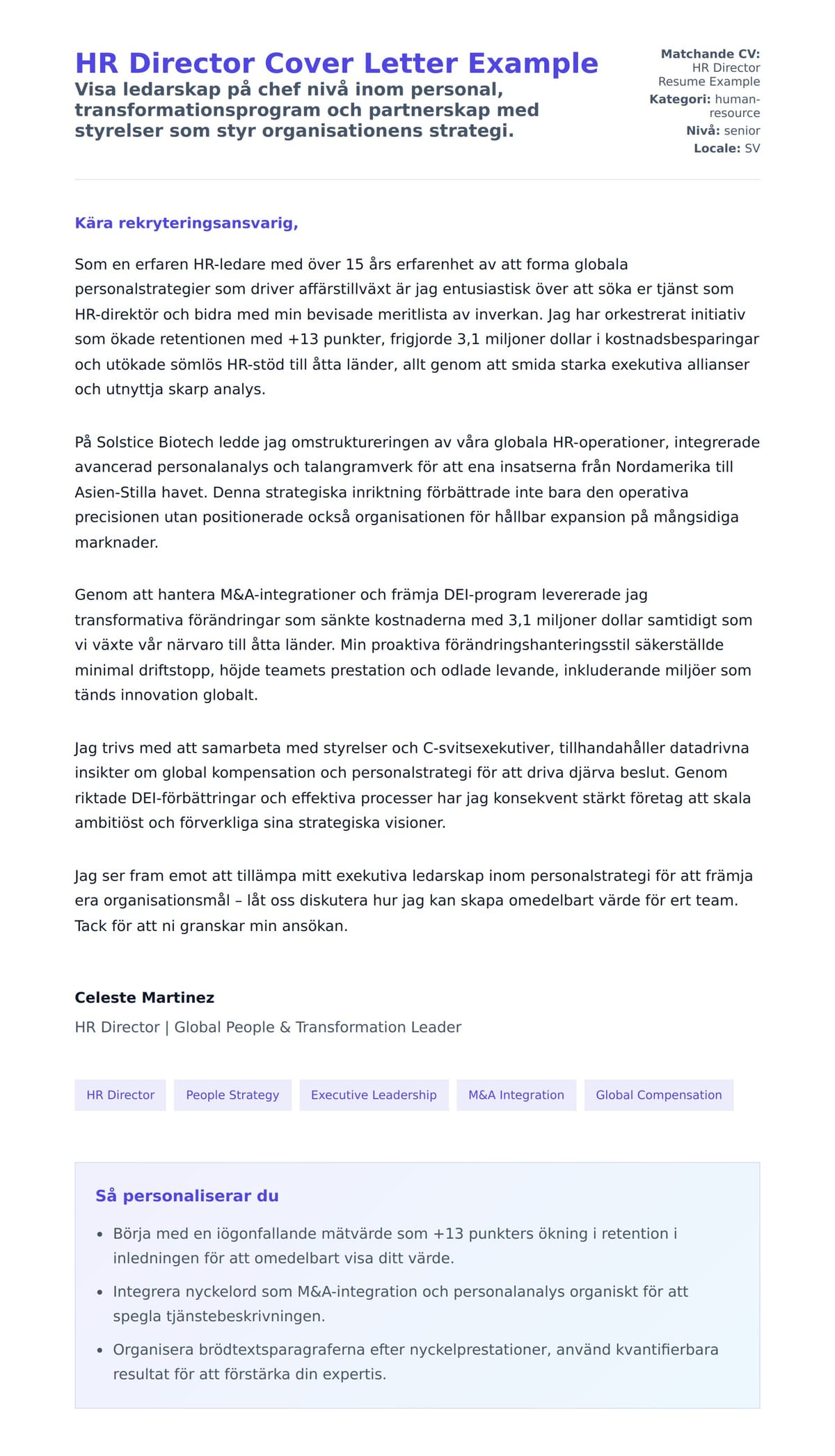 Förhandsgranskning av motivationsbrev för HR Director Cover Letter Example