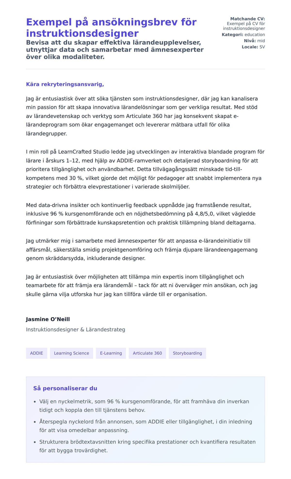 Förhandsgranskning av motivationsbrev för Exempel på ansökningsbrev för instruktionsdesigner