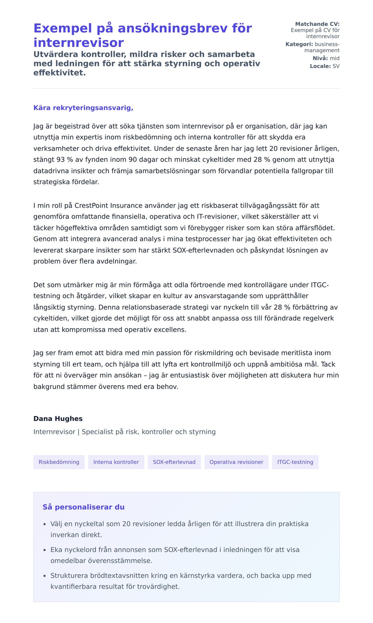 Förhandsgranskning av motivationsbrev för Exempel på ansökningsbrev för internrevisor