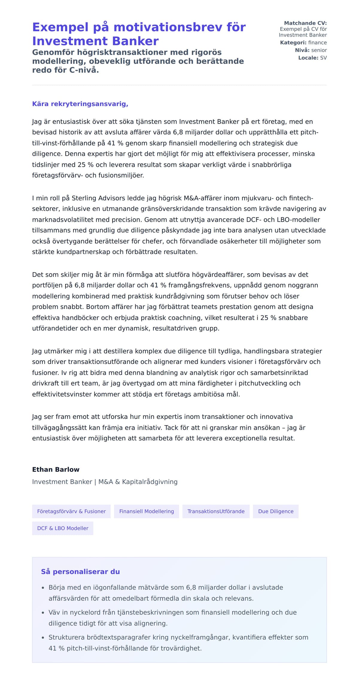 Förhandsgranskning av motivationsbrev för Exempel på motivationsbrev för Investment Banker