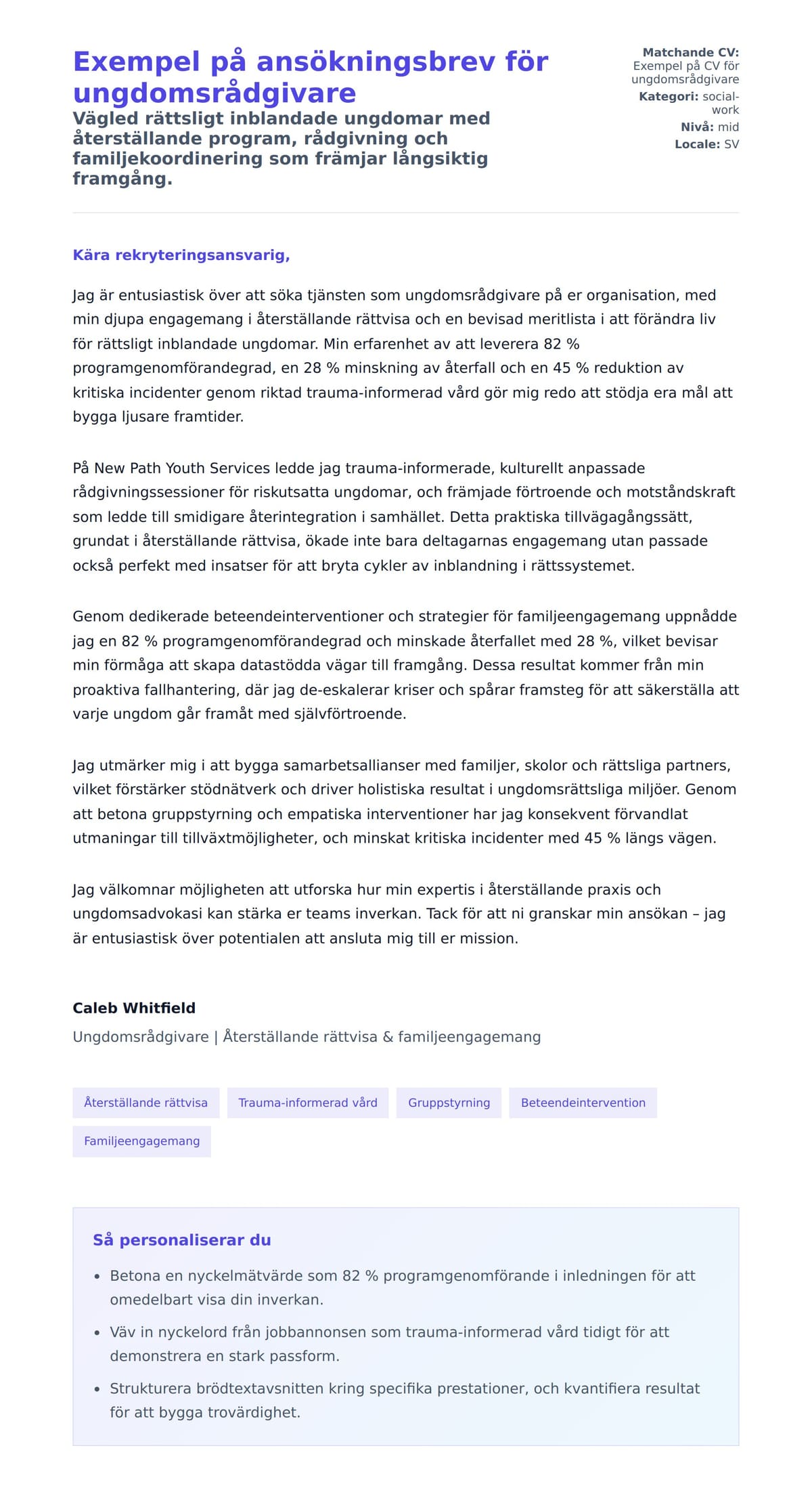 Förhandsgranskning av motivationsbrev för Exempel på ansökningsbrev för ungdomsrådgivare