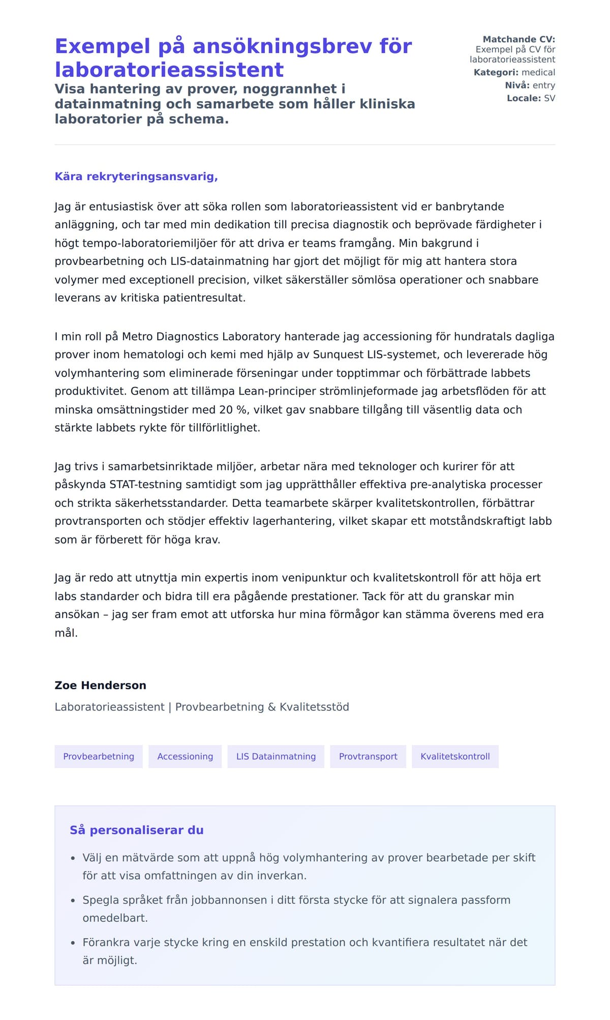 Förhandsgranskning av motivationsbrev för Exempel på ansökningsbrev för laboratorieassistent
