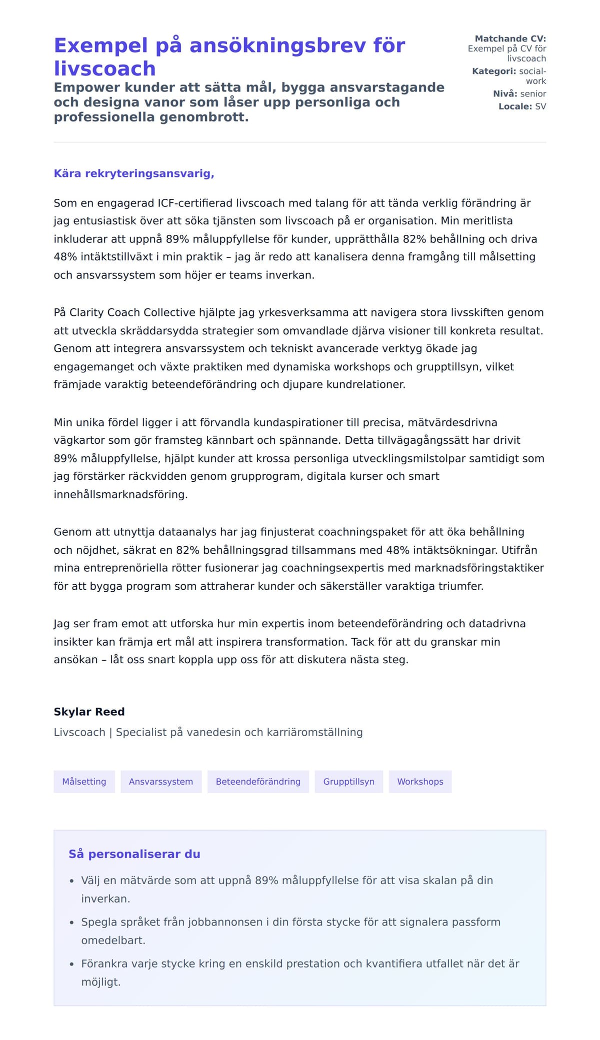 Förhandsgranskning av motivationsbrev för Exempel på ansökningsbrev för livscoach