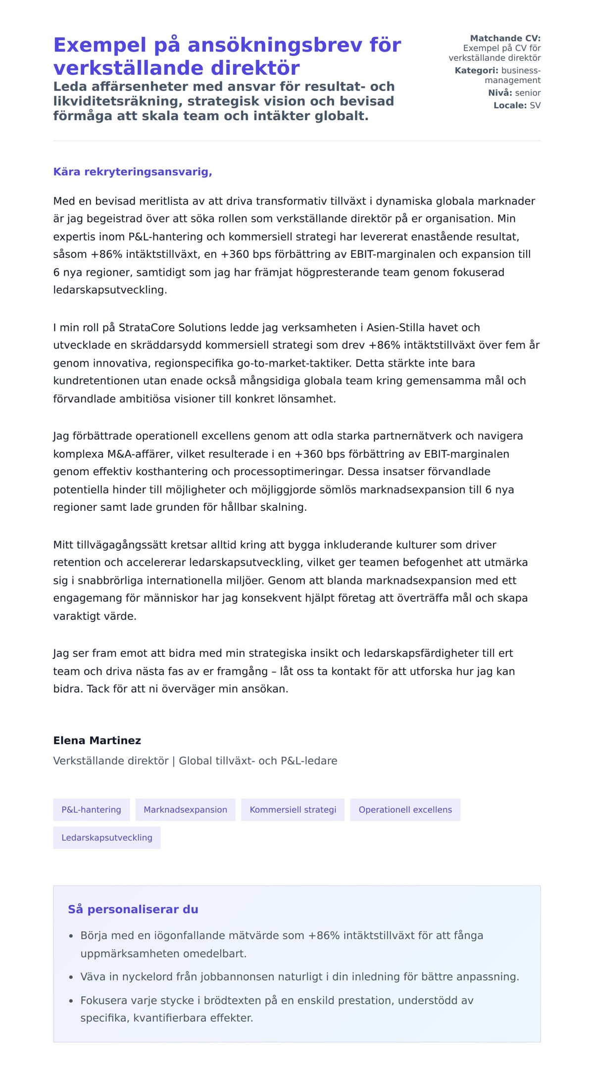 Förhandsgranskning av motivationsbrev för Exempel på ansökningsbrev för verkställande direktör