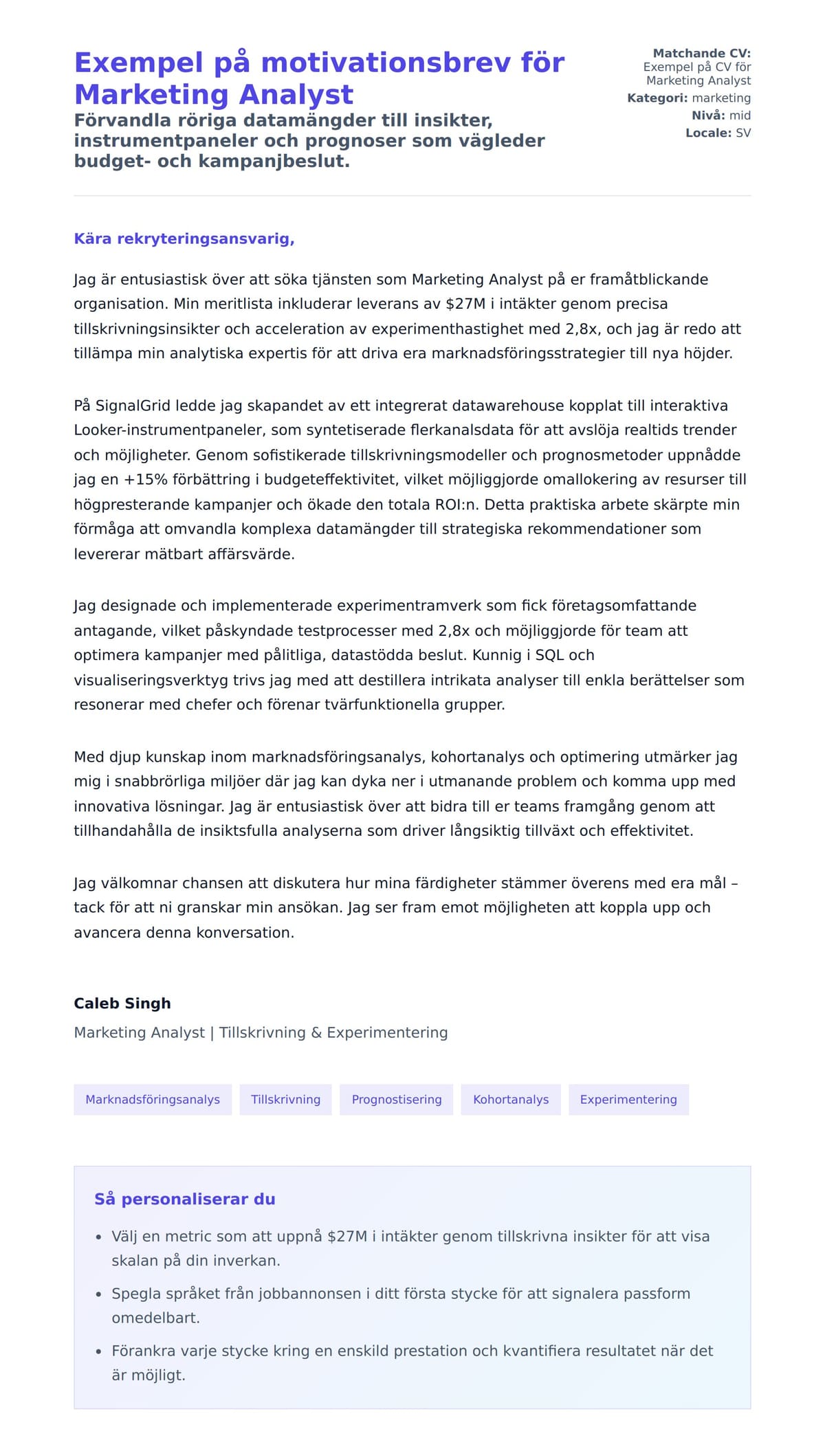 Förhandsgranskning av motivationsbrev för Exempel på motivationsbrev för Marketing Analyst