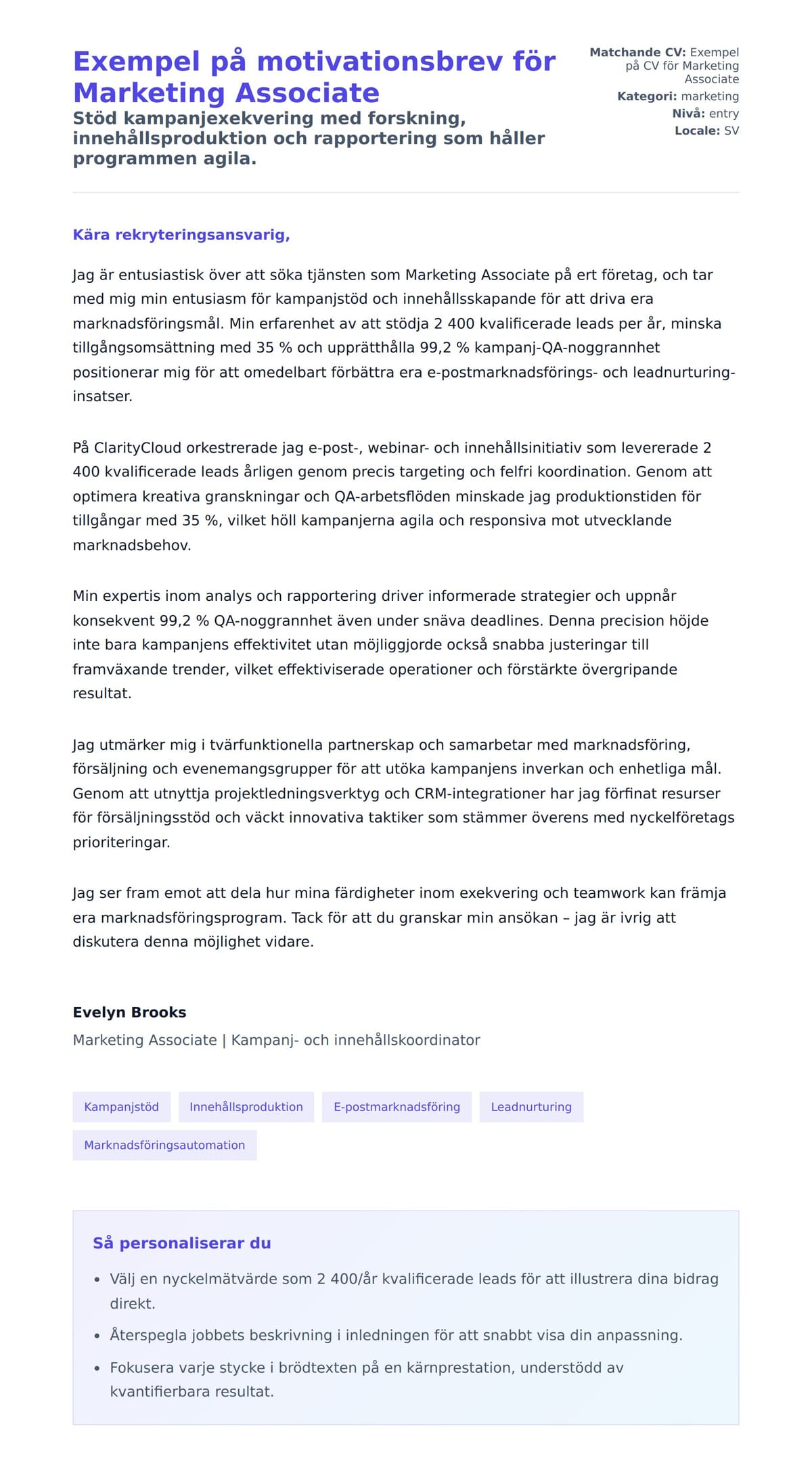 Förhandsgranskning av motivationsbrev för Exempel på motivationsbrev för Marketing Associate