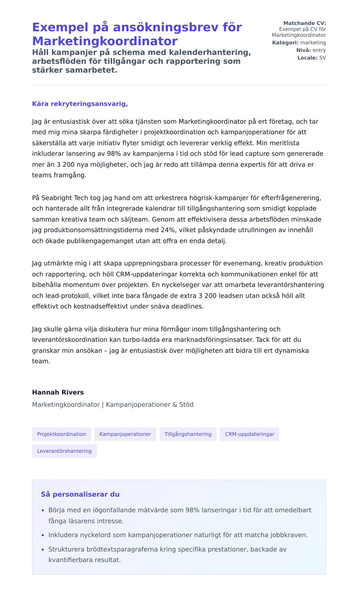 Förhandsgranskning av motivationsbrev för Exempel på ansökningsbrev för Marketingkoordinator