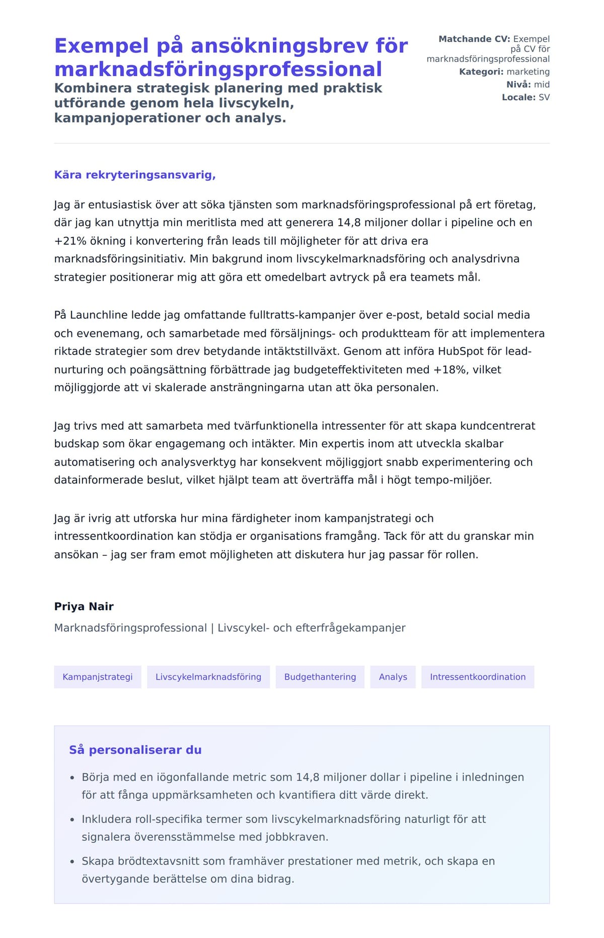 Förhandsgranskning av motivationsbrev för Exempel på ansökningsbrev för marknadsföringsprofessional