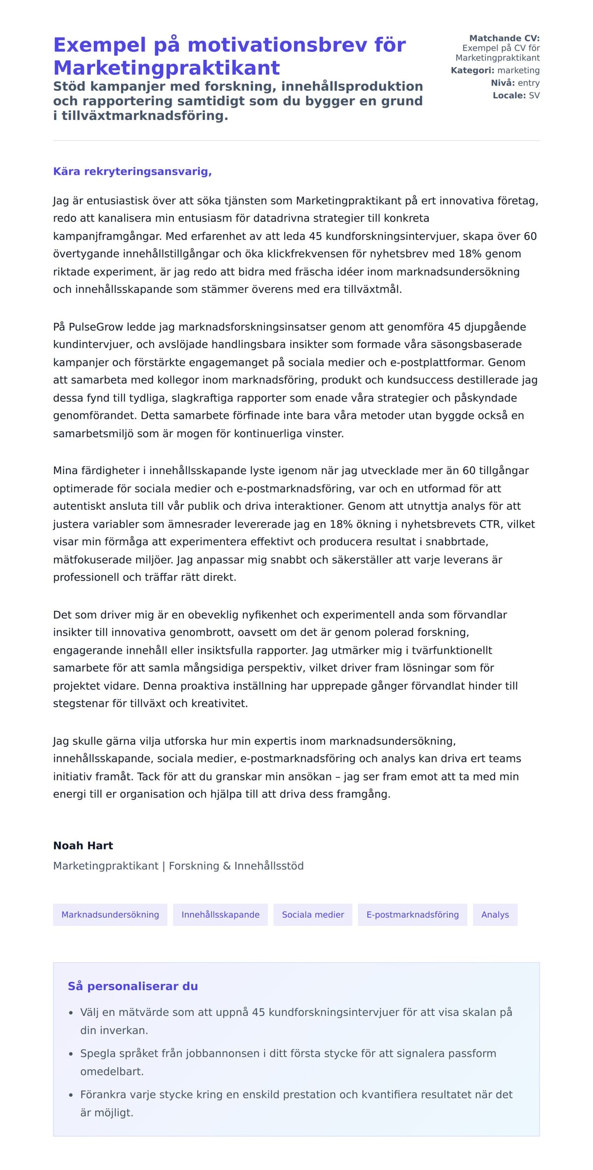 Förhandsgranskning av motivationsbrev för Exempel på motivationsbrev för Marketingpraktikant